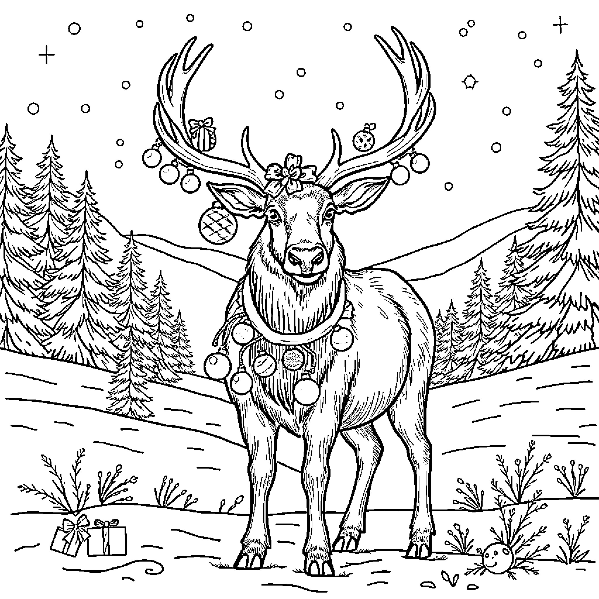 Elk in festive winter forest Coloring Page (free black-and-white line drawing printable PDF for all, from beginners to advanced learners, including children, teens, adults, and seniors)