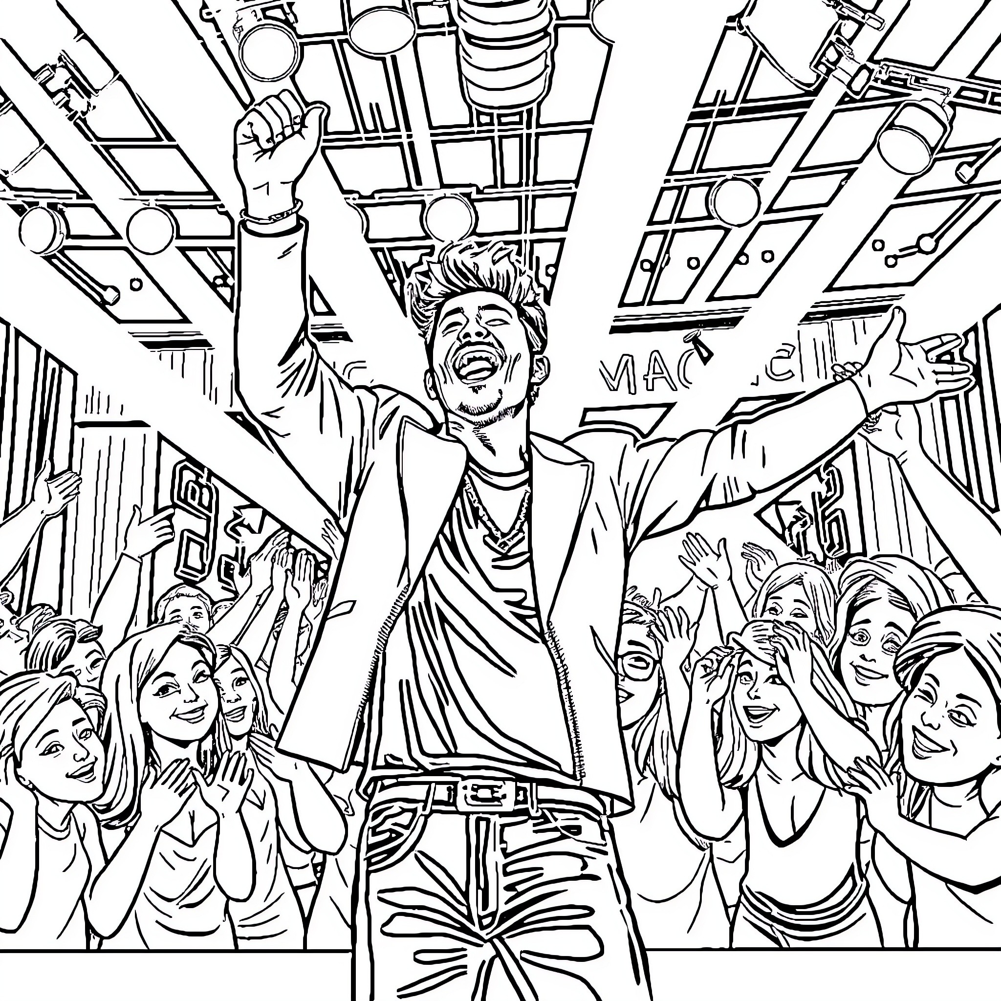 Aaron Mercury's Energetic Performance on Stage Coloring Page (free black-and-white line drawing printable PDF for all, from beginners to advanced learners, including children, teens, adults, and seniors)