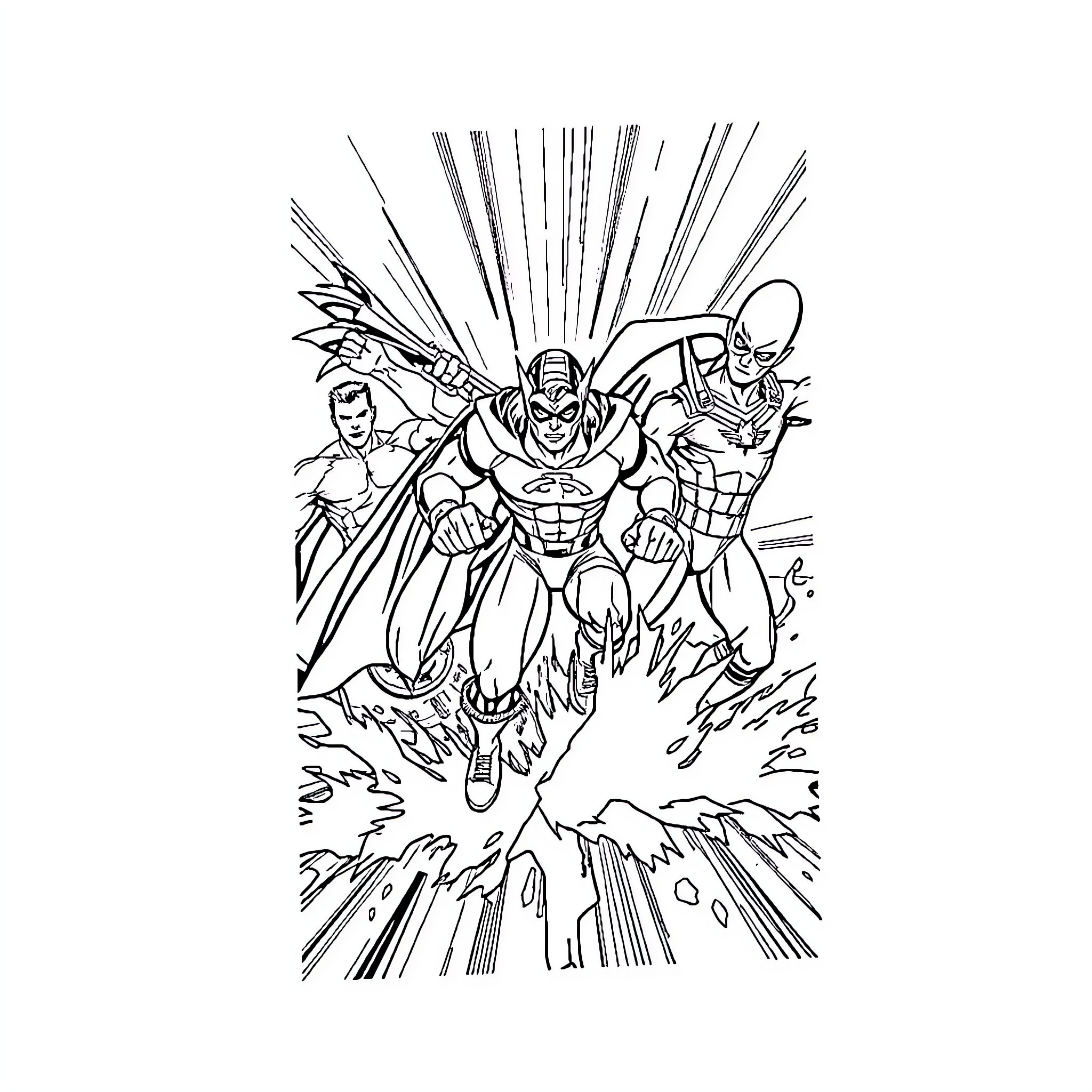 Poster of Superheroes in Action Coloring Page (free black-and-white line drawing printable PDF for all, from beginners to advanced learners, including children, teens, adults, and seniors)