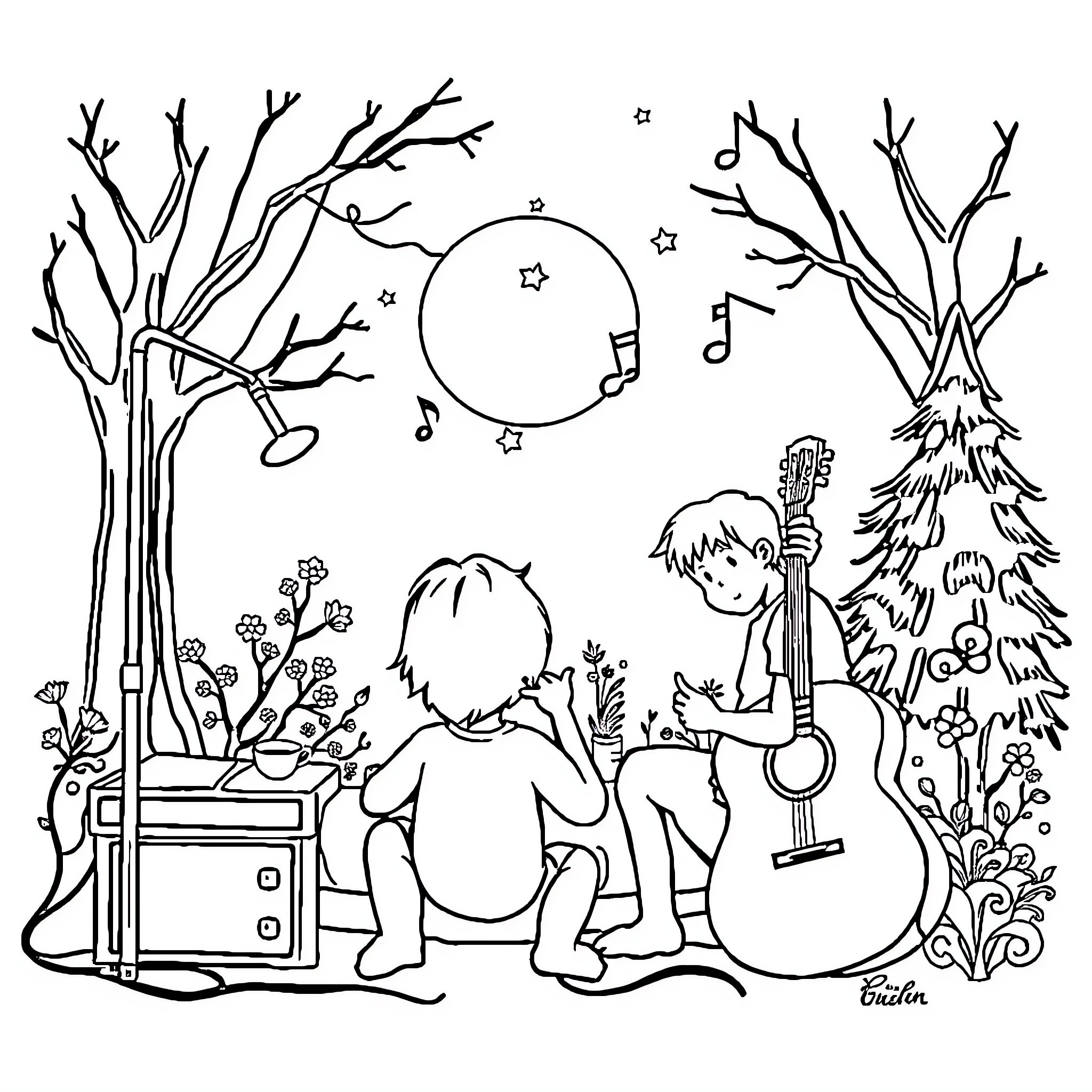 Child exploring musical nature scene Coloring Page (free black-and-white line drawing printable PDF for all, from beginners to advanced learners, including children, teens, adults, and seniors)