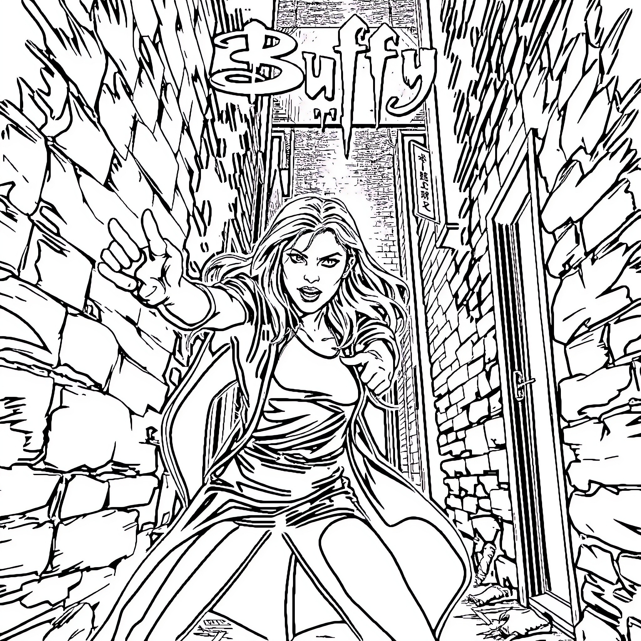 Buffy in Action Saving the Day Coloring Page (free black-and-white line drawing printable PDF for all, from beginners to advanced learners, including children, teens, adults, and seniors)