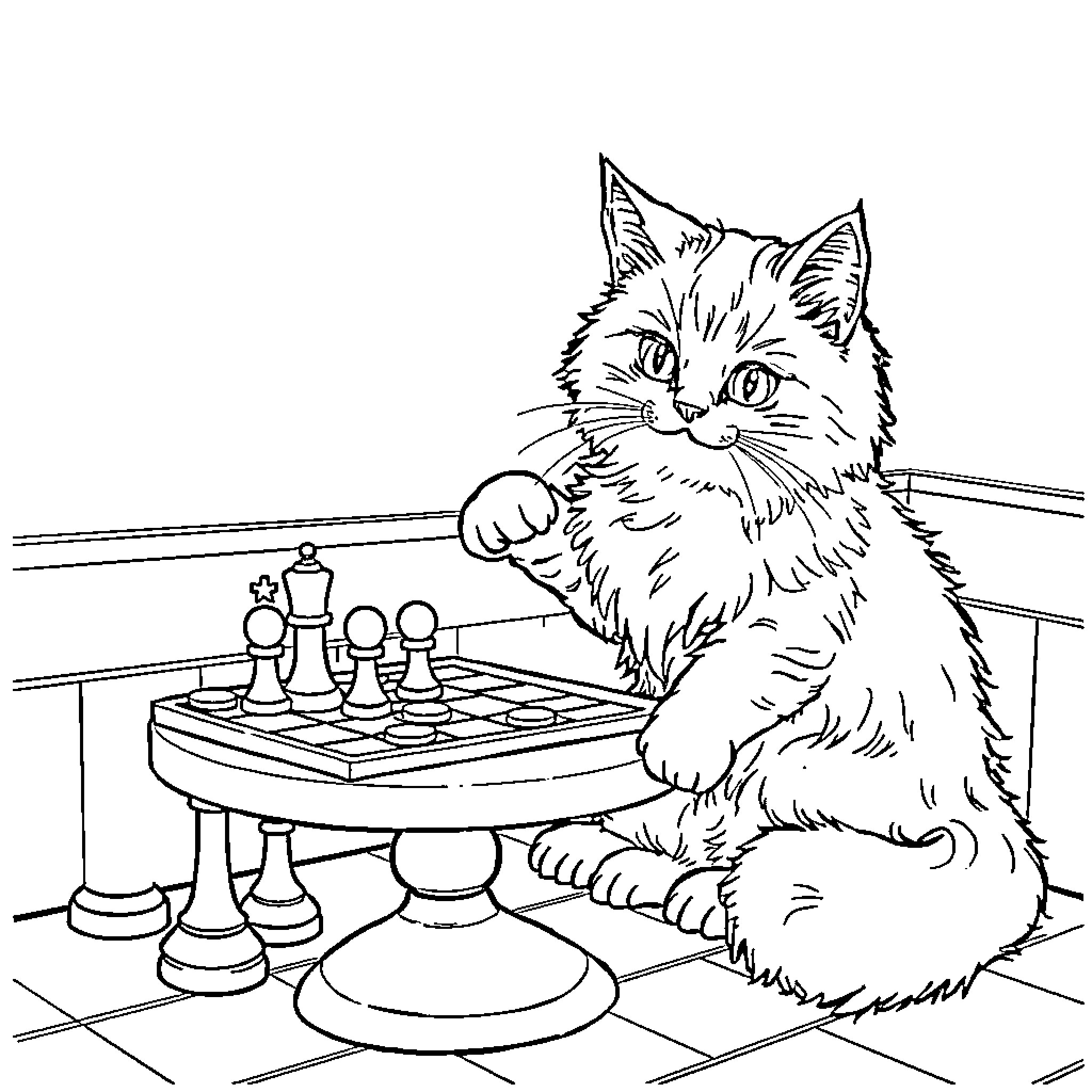 Cat playing chess on the board Coloring Page (free black-and-white line drawing printable PDF for all, from beginners to advanced learners, including children, teens, adults, and seniors)
