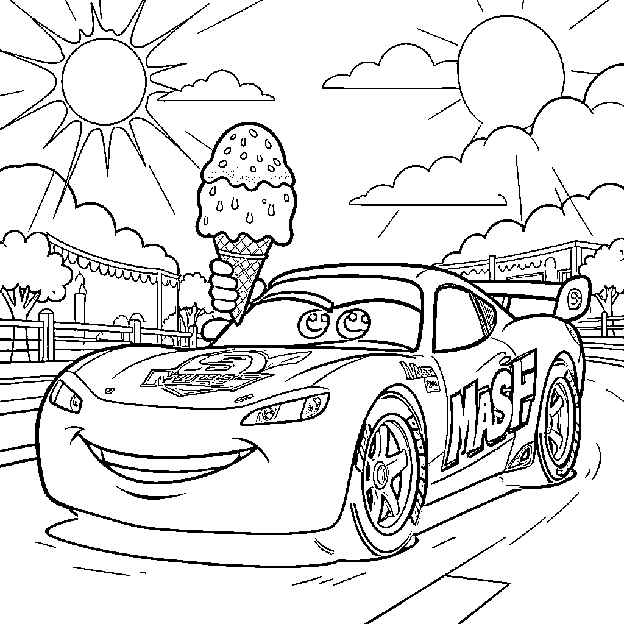 Flash McQueen racing through a sunny landscape Coloring Page (free black-and-white line drawing printable PDF for all, from beginners to advanced learners, including children, teens, adults, and seniors)