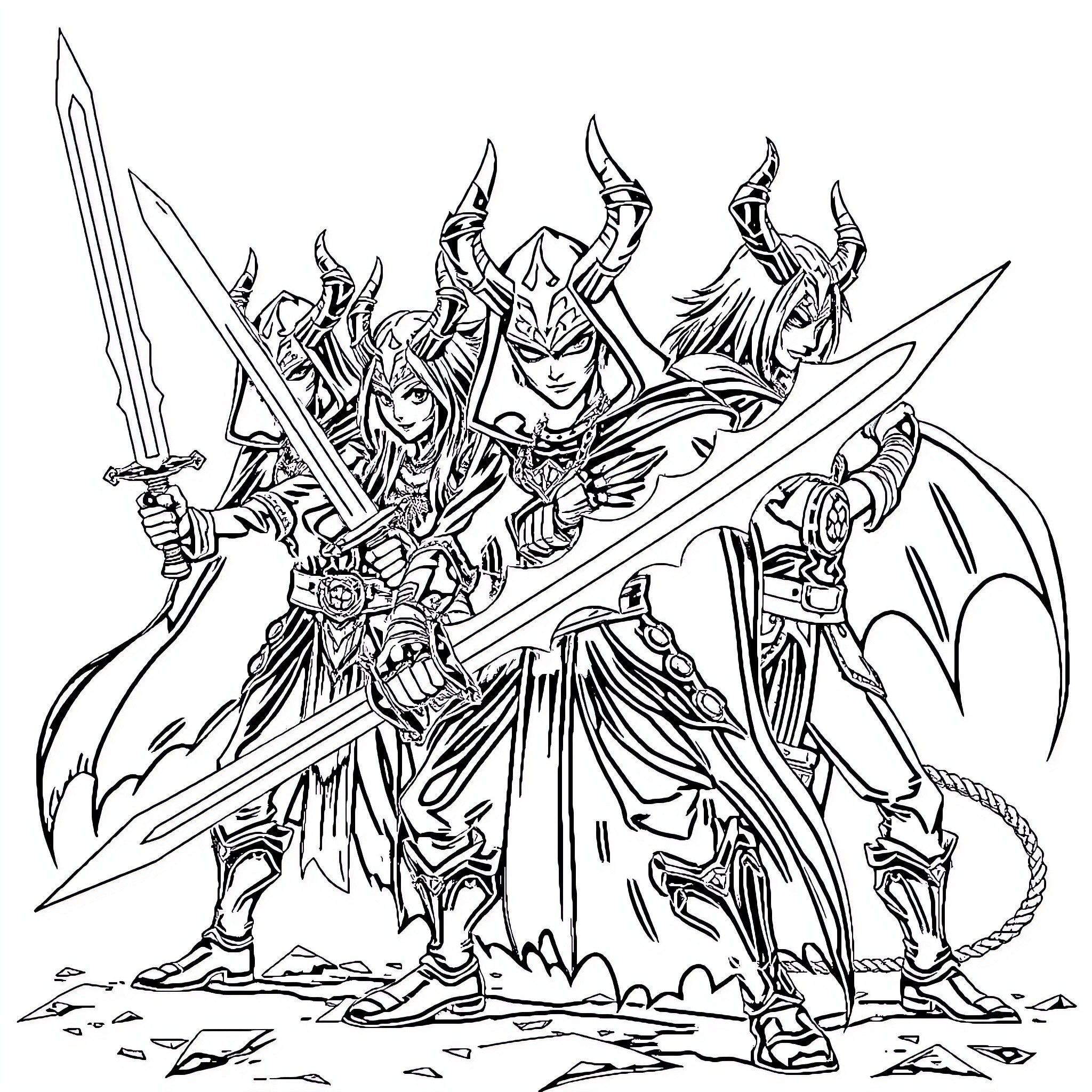 Demon Slayer Heroes in Epic Battle Stance Coloring Page (free black-and-white line drawing printable PDF for all, from beginners to advanced learners, including children, teens, adults, and seniors)