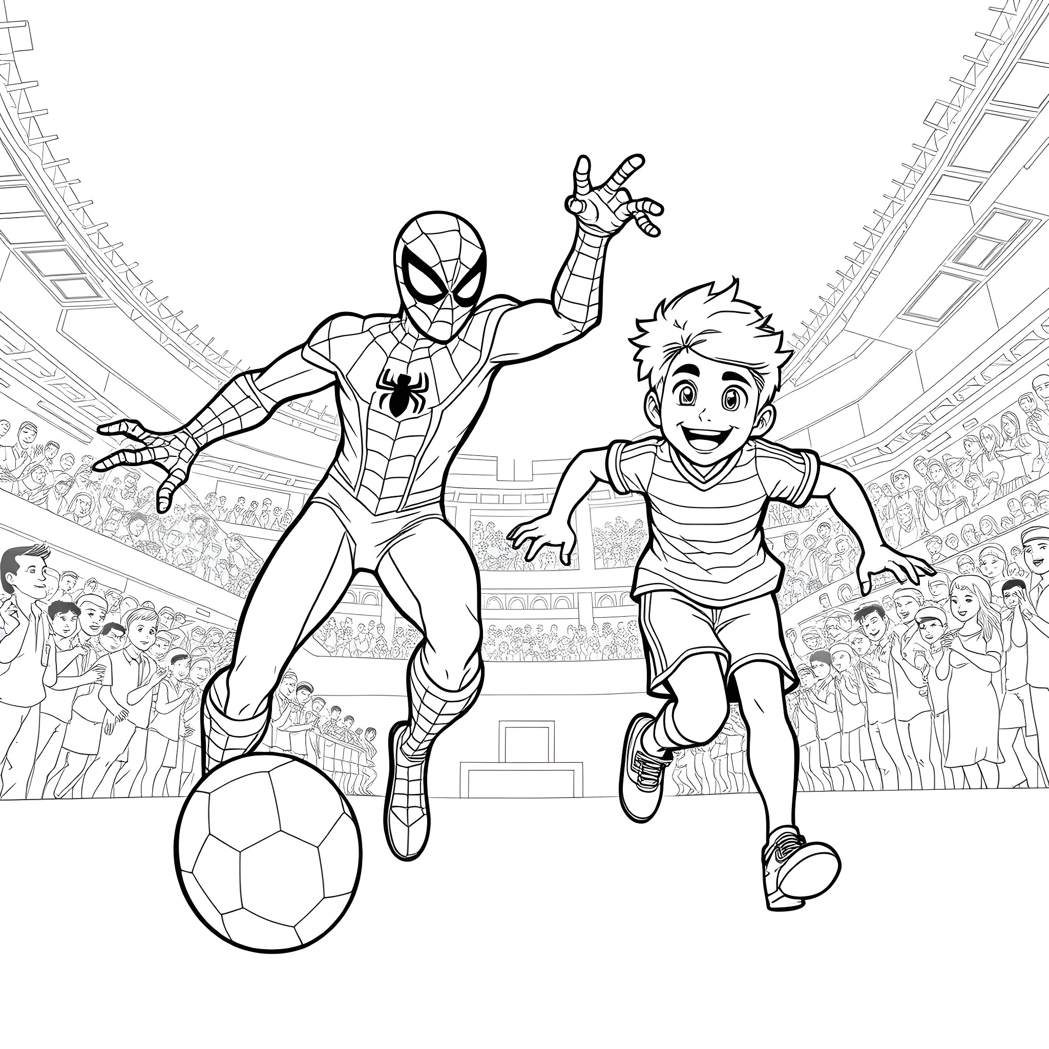 Spiderman and boy playing soccer in a stadium Coloring Page (free black-and-white line drawing printable PDF for all, from beginners to advanced learners, including children, teens, adults, and seniors)