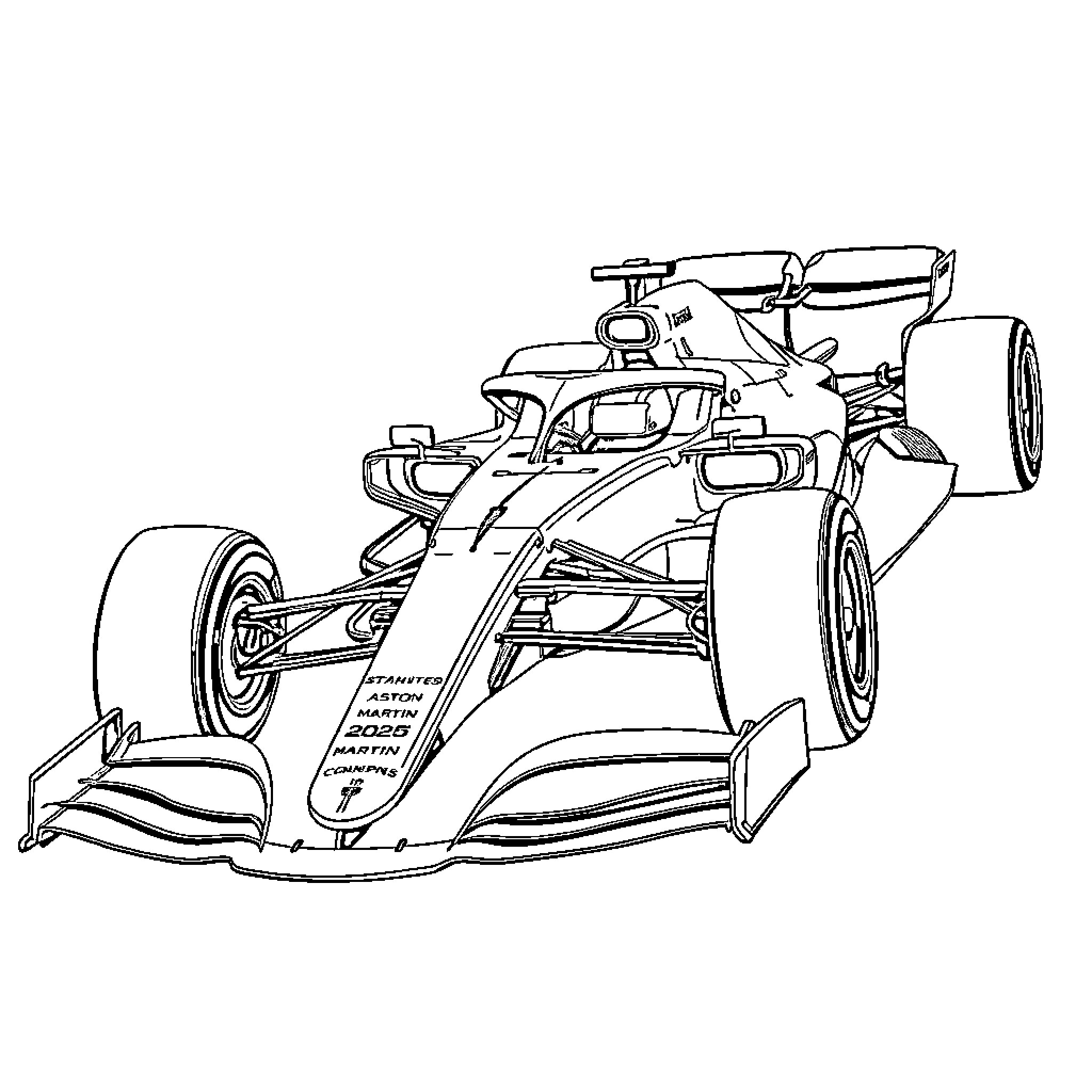 Aston Martin Formula 1 Racing Car Coloring Page (free black-and-white line drawing printable PDF for all, from beginners to advanced learners, including children, teens, adults, and seniors)