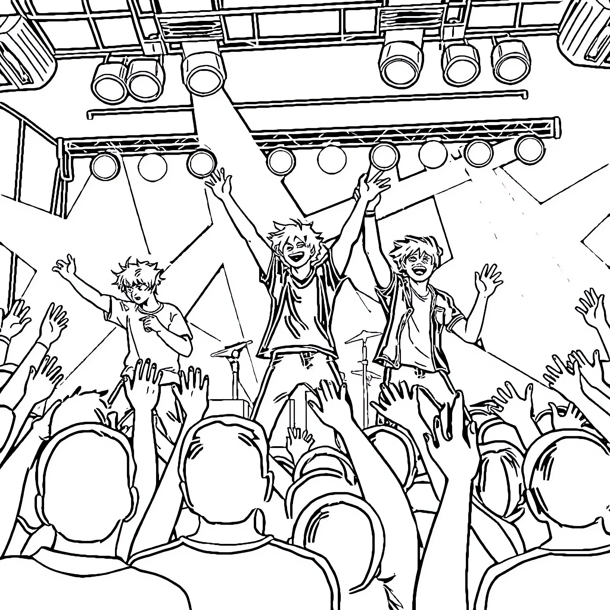 Stray Kids' Energetic Performance on Stage Coloring Page (free black-and-white line drawing printable PDF for all, from beginners to advanced learners, including children, teens, adults, and seniors)