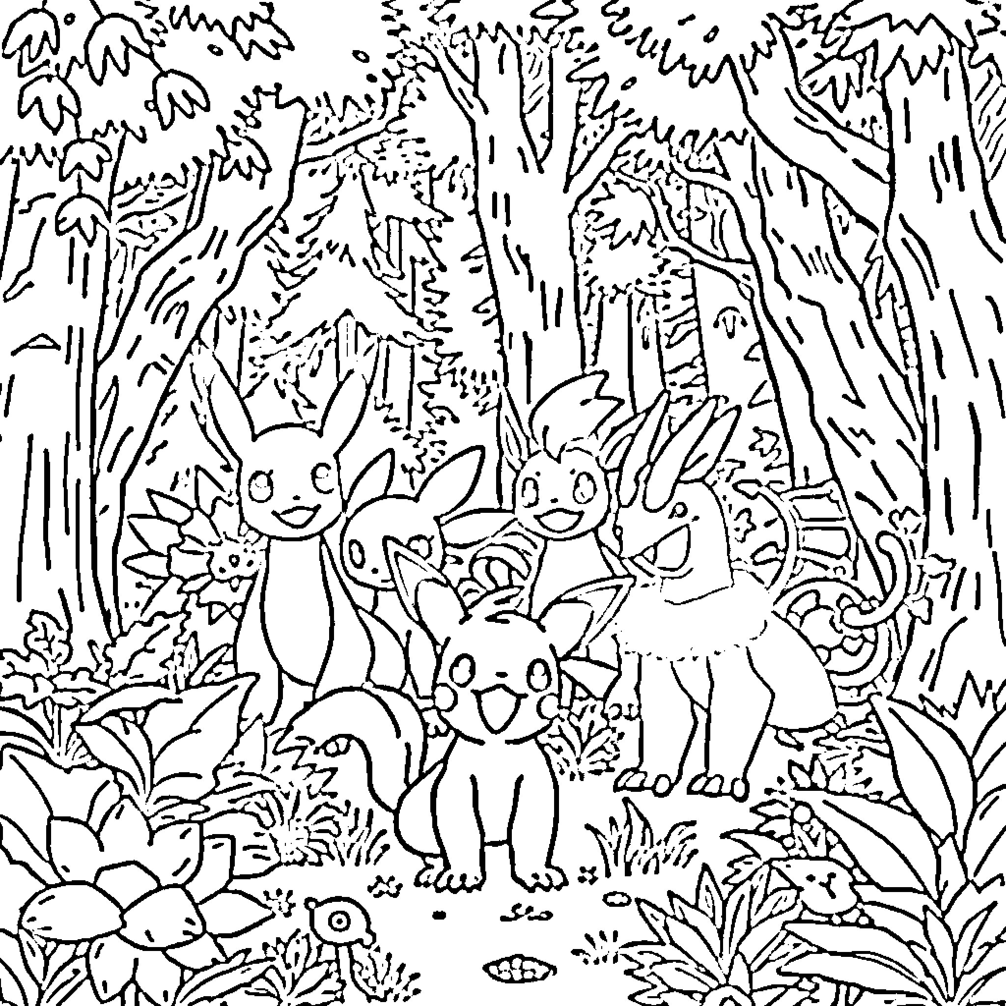Pokémon Characters Exploring Lush Forest Landscape Coloring Page (free black-and-white line drawing printable PDF for all, from beginners to advanced learners, including children, teens, adults, and seniors)