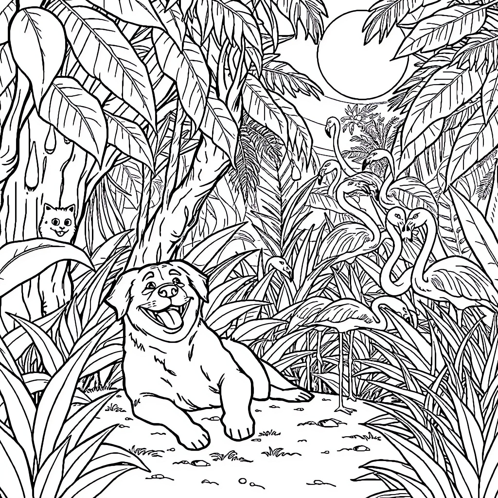 Dog exploring the lush jungle landscape Coloring Page (free black-and-white line drawing printable PDF for all, from beginners to advanced learners, including children, teens, adults, and seniors)