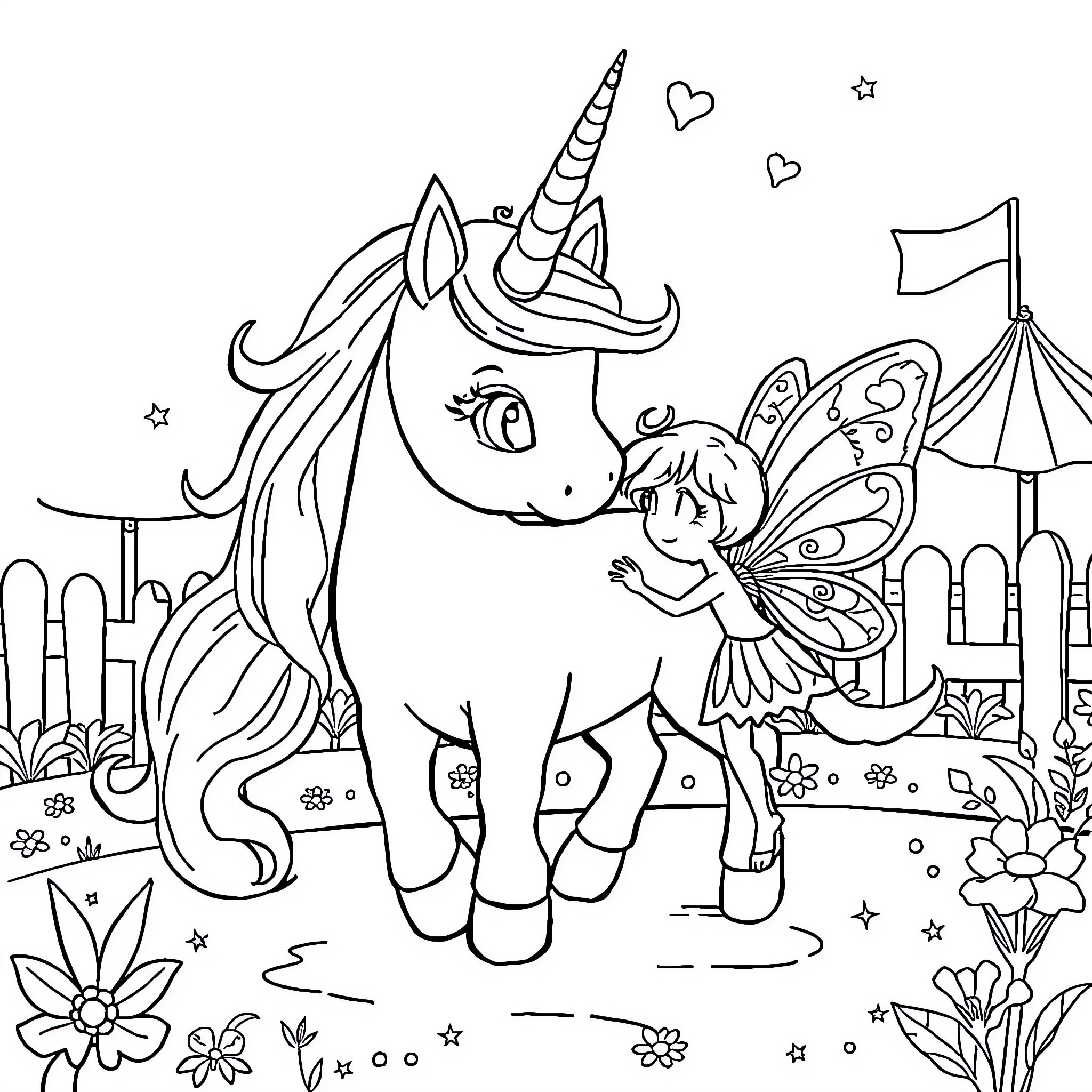 Unicorn and fairy exploring enchanted garden Coloring Page (free black-and-white line drawing printable PDF for all, from beginners to advanced learners, including children, teens, adults, and seniors)