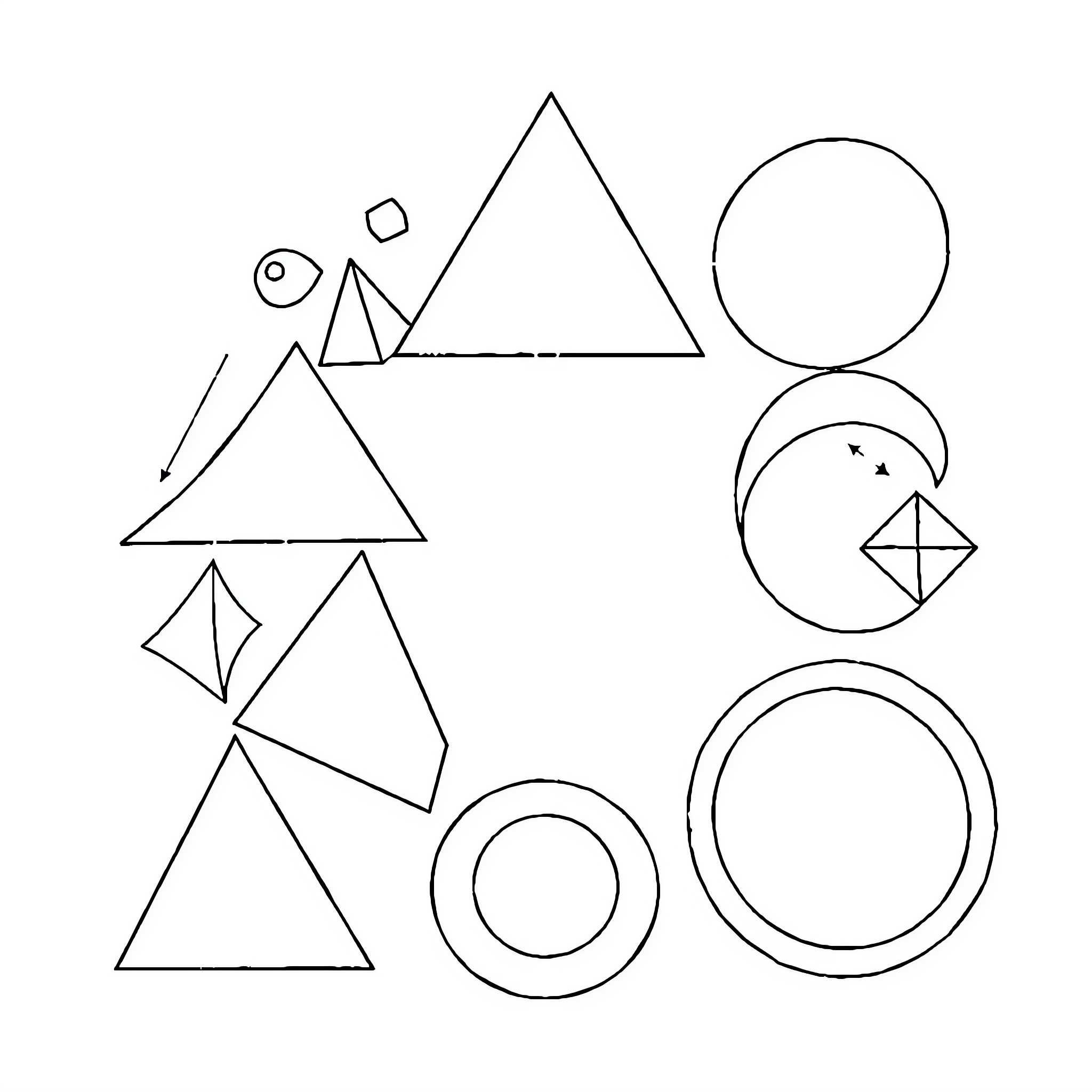 Geometric Shapes Arrangement Coloring Page (free black-and-white line drawing printable PDF for all, from beginners to advanced learners, including children, teens, adults, and seniors)
