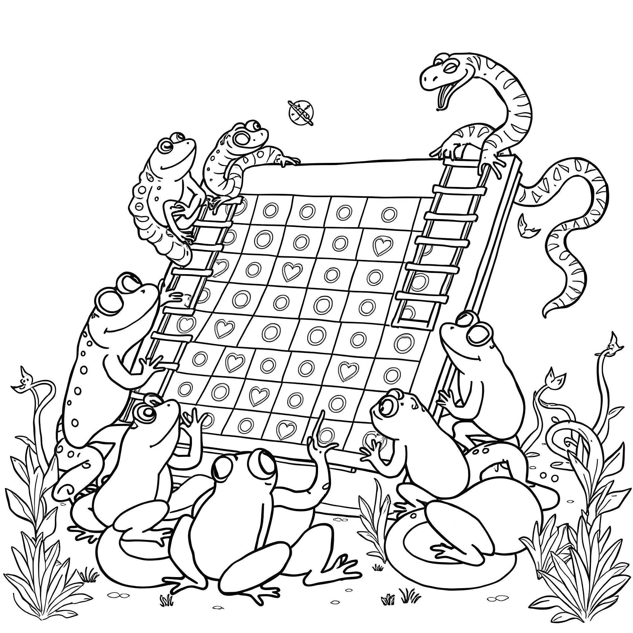 Frogs Playing with Checkerboard Game Coloring Page (free black-and-white line drawing printable PDF for all, from beginners to advanced learners, including children, teens, adults, and seniors)