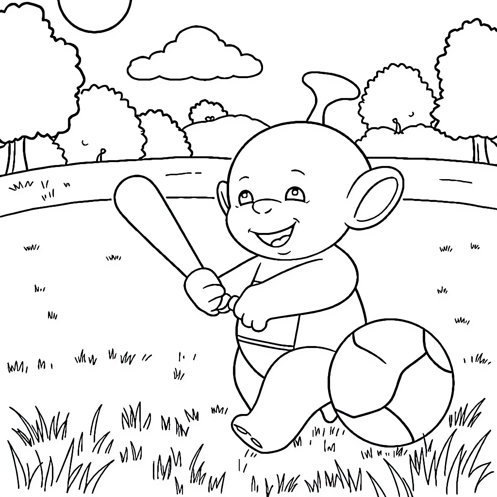 Teletubby playing joyfully in scenic outdoor setting Coloring Page (free black-and-white line drawing printable PDF for all, from beginners to advanced learners, including children, teens, adults, and seniors)