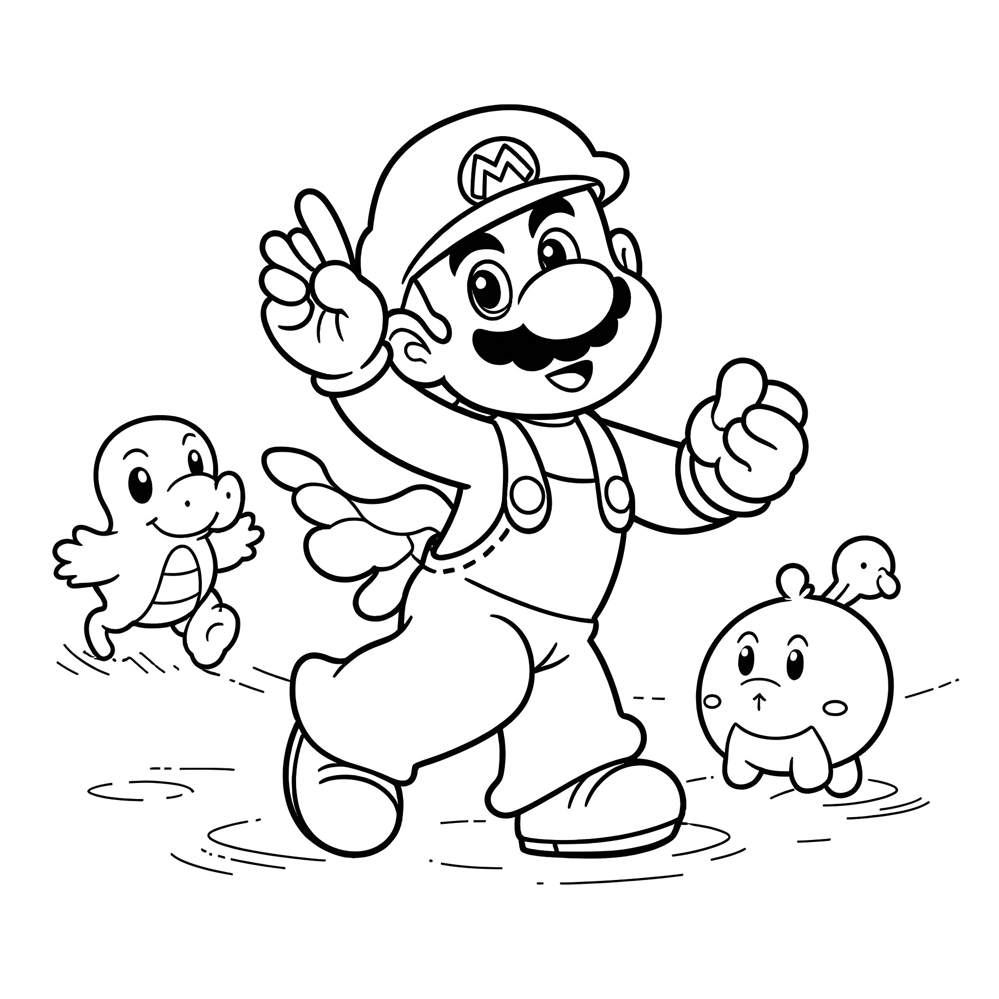 Paper Mario celebrating with friends in the field Coloring Page (free black-and-white line drawing printable PDF for all, from beginners to advanced learners, including children, teens, adults, and seniors)
