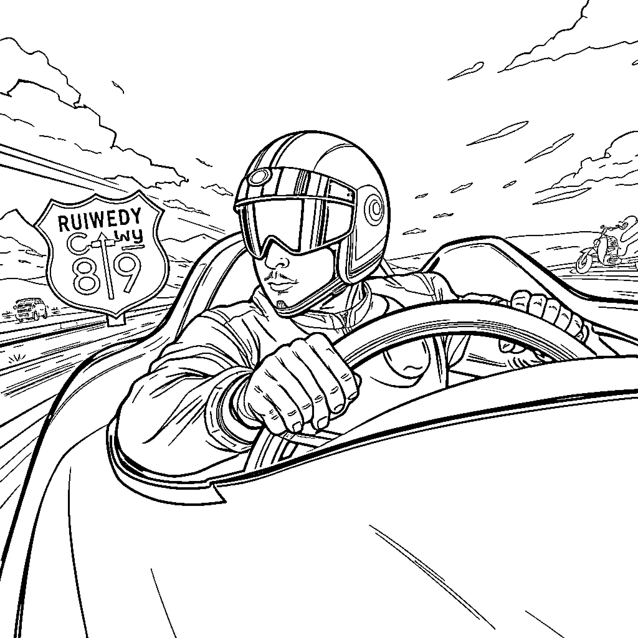 Man driving racing car on the road Coloring Page (free black-and-white line drawing printable PDF for all, from beginners to advanced learners, including children, teens, adults, and seniors)