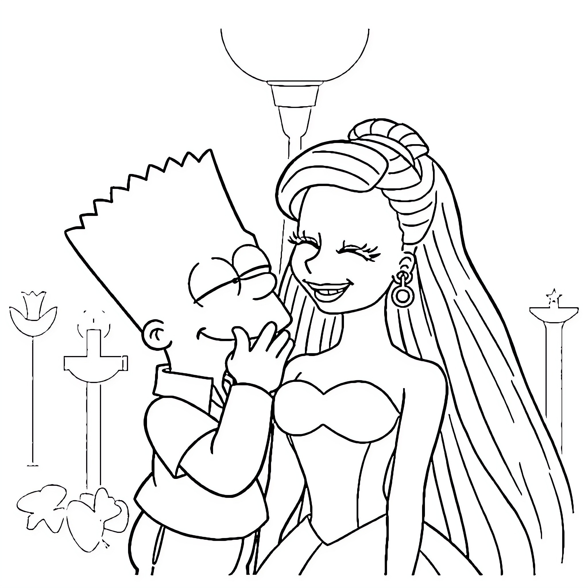 Bart Simpson enjoying a night out with a stylish companion Coloring Page (free black-and-white line drawing printable PDF for all, from beginners to advanced learners, including children, teens, adults, and seniors)