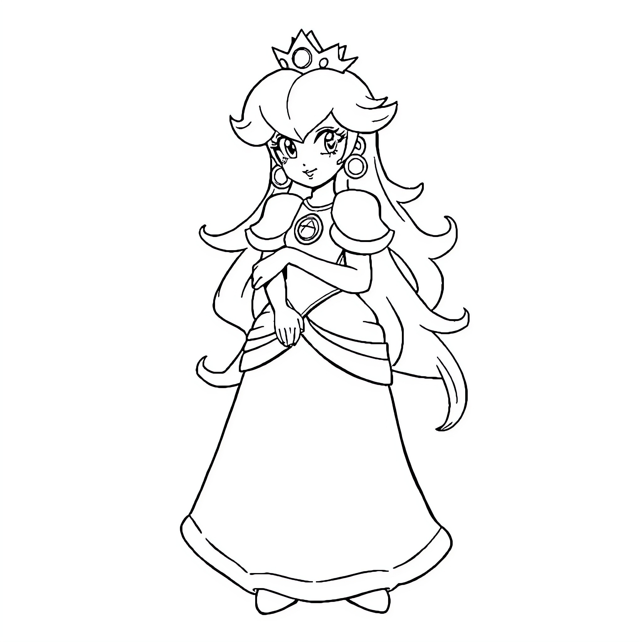 Princess in Elegant Dress and Crown Coloring Page (free black-and-white line drawing printable PDF for all, from beginners to advanced learners, including children, teens, adults, and seniors)