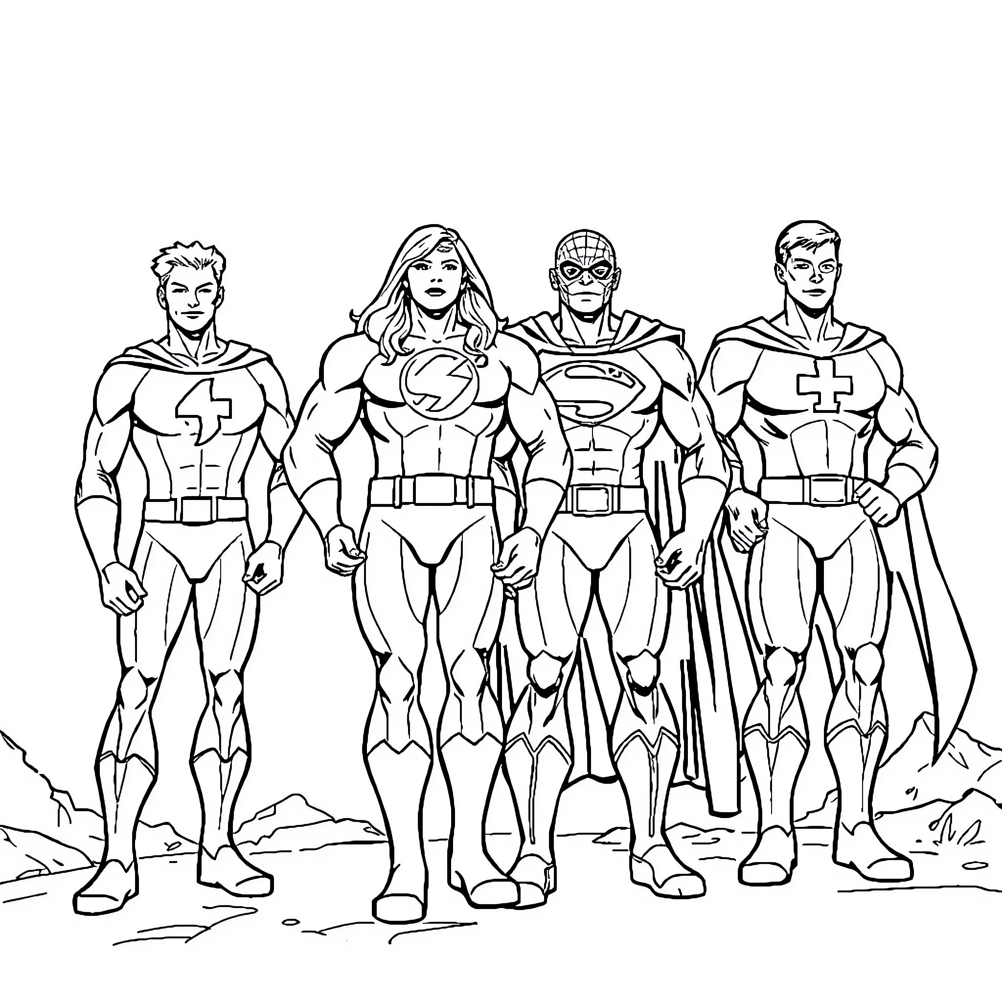 Fantastic Four Superhero Team in Action Coloring Page (free black-and-white line drawing printable PDF for all, from beginners to advanced learners, including children, teens, adults, and seniors)