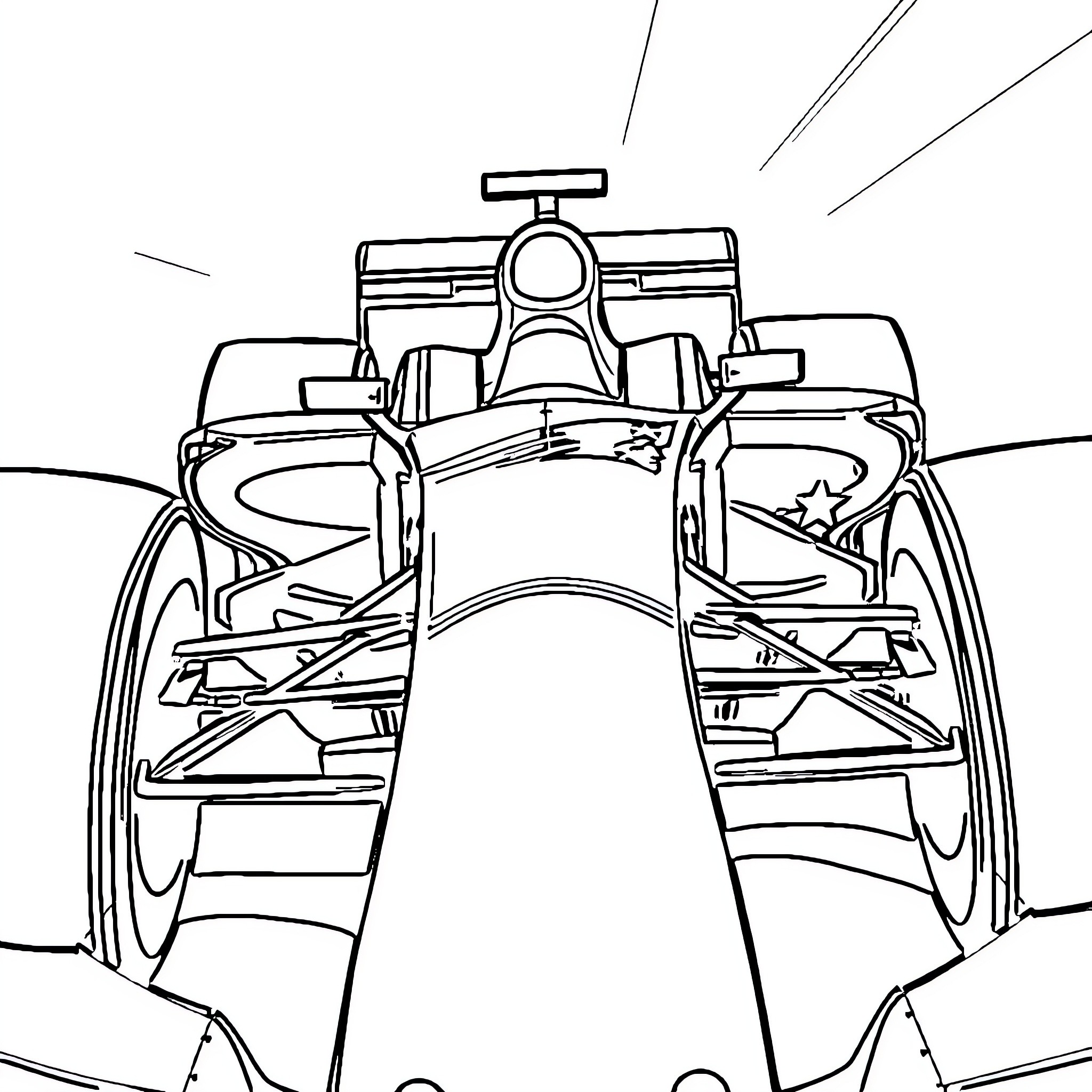 F1 Car Speeding Through the Track Coloring Page (free black-and-white line drawing printable PDF for all, from beginners to advanced learners, including children, teens, adults, and seniors)