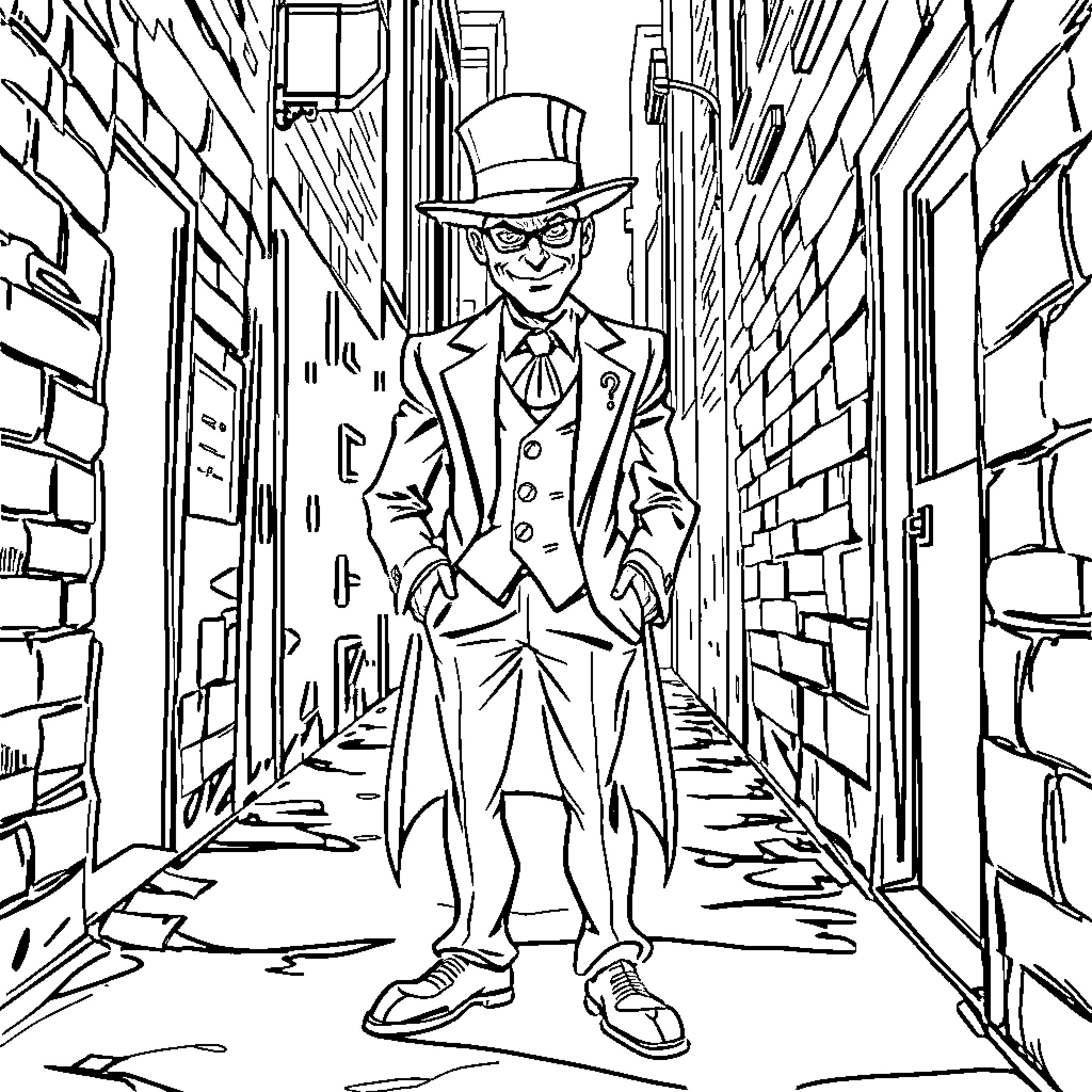 Riddler stalking the city streets in disguise Coloring Page (free black-and-white line drawing printable PDF for all, from beginners to advanced learners, including children, teens, adults, and seniors)