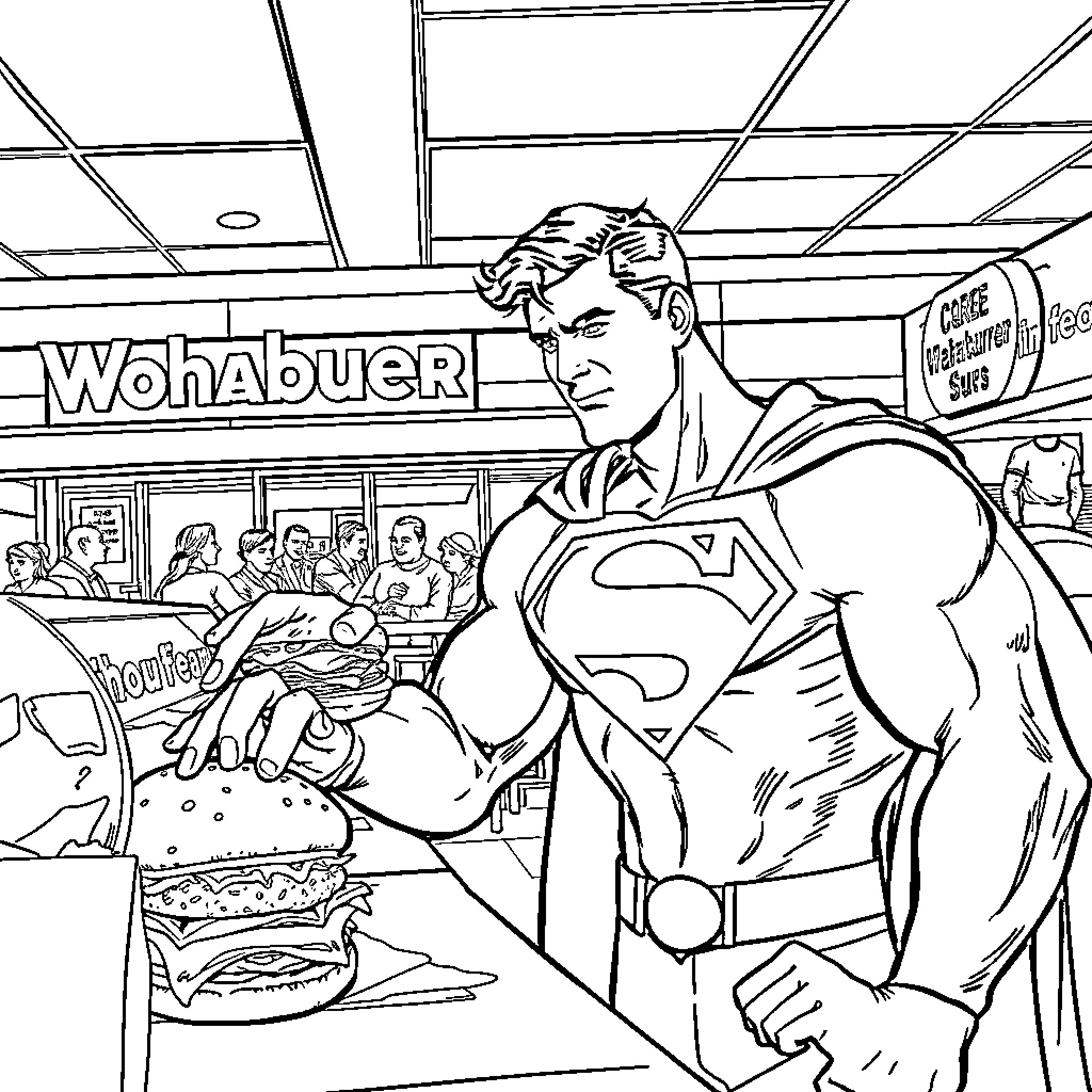 Superman saving the day at Wohabuer store Coloring Page (free black-and-white line drawing printable PDF for all, from beginners to advanced learners, including children, teens, adults, and seniors)