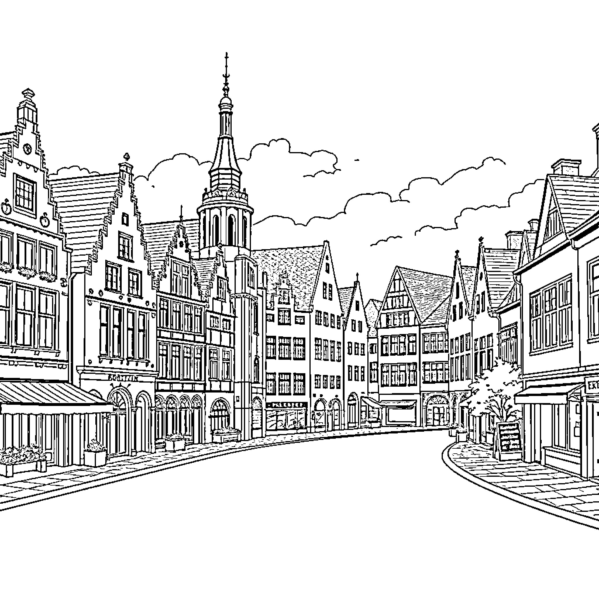 Kortrijk's Historical Town Center with Architectural Landmarks Coloring Page (free black-and-white line drawing printable PDF for all, from beginners to advanced learners, including children, teens, adults, and seniors)