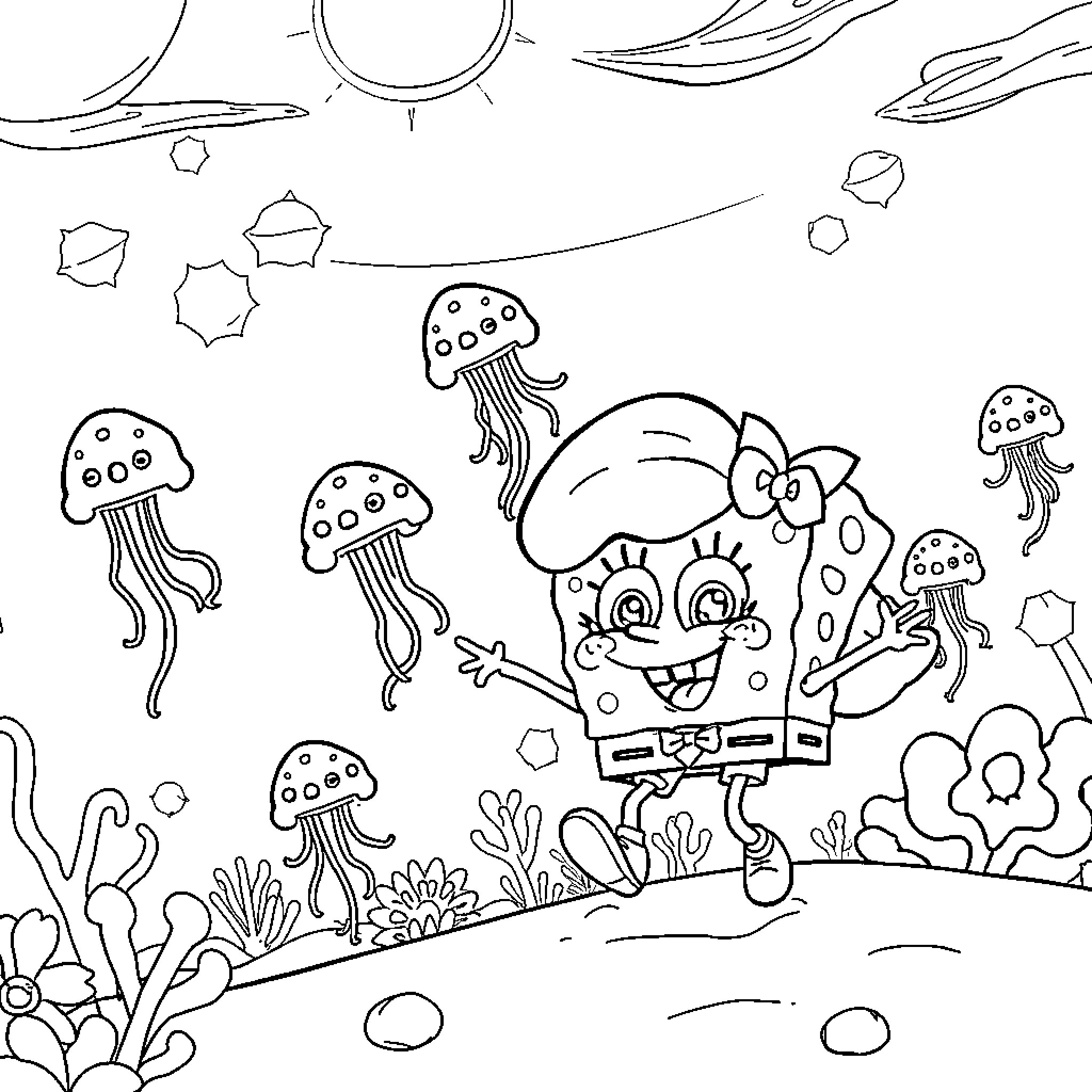 Strawberry Shortcake exploring an underwater world with jellyfish Coloring Page (free black-and-white line drawing printable PDF for all, from beginners to advanced learners, including children, teens, adults, and seniors)