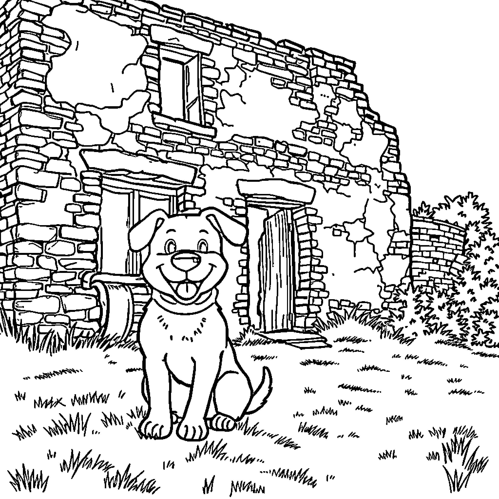 Dog sitting happily in front of an old house Coloring Page (free black-and-white line drawing printable PDF for all, from beginners to advanced learners, including children, teens, adults, and seniors)