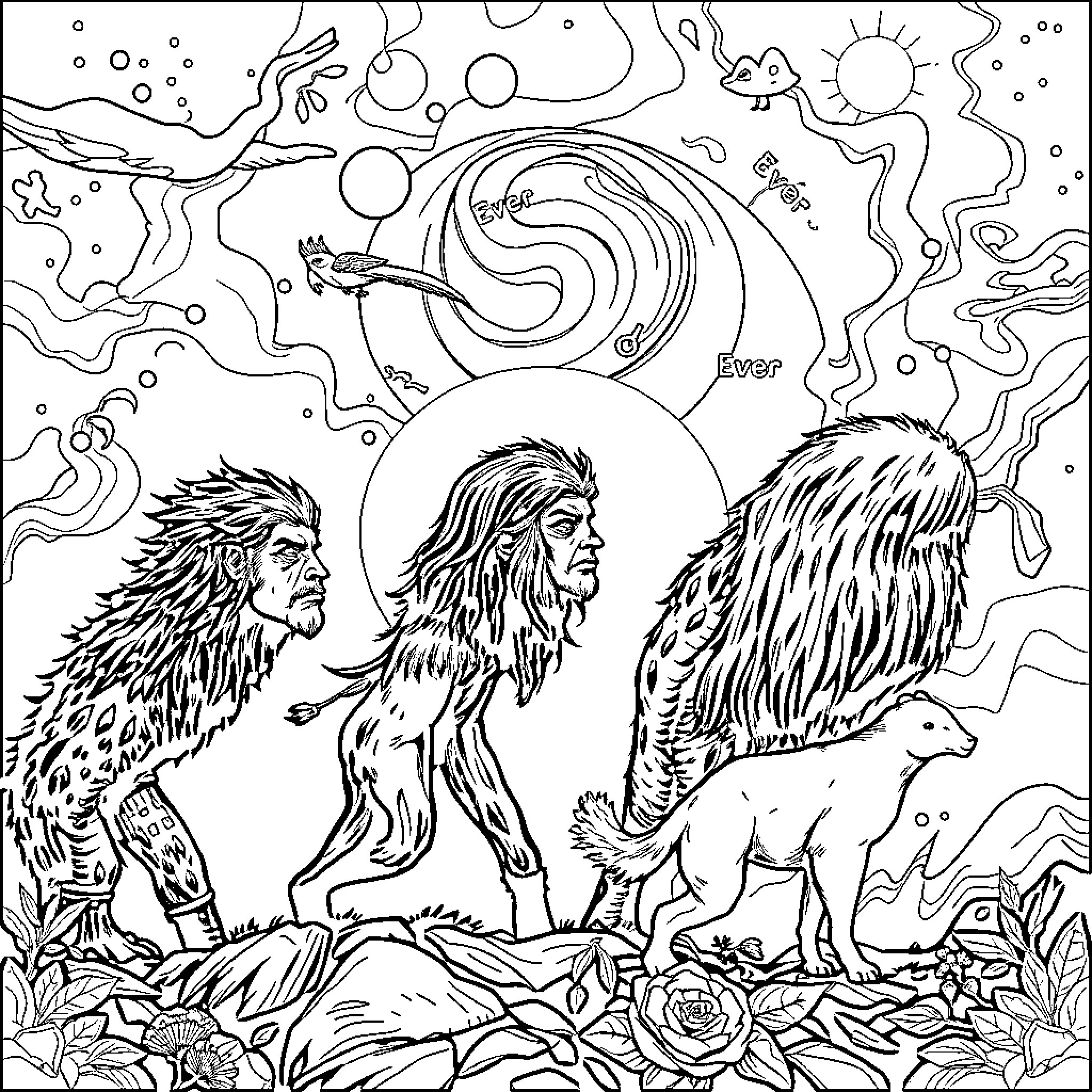 Eevee and Eeveelutions in a Fantastical Landscape Coloring Page (free black-and-white line drawing printable PDF for all, from beginners to advanced learners, including children, teens, adults, and seniors)