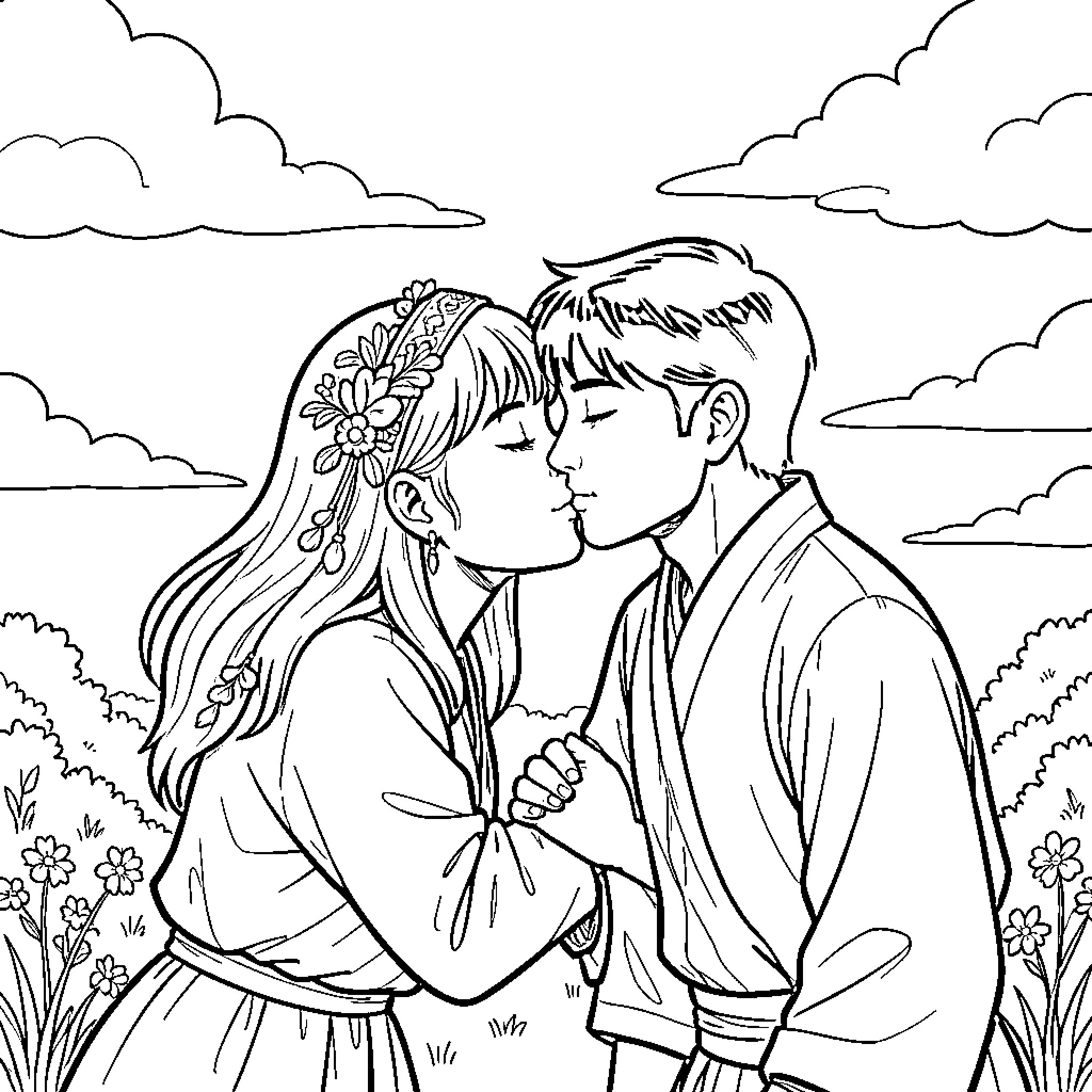 Sameni's Romantic Encounter in Idyllic Outdoors Coloring Page (free black-and-white line drawing printable PDF for all, from beginners to advanced learners, including children, teens, adults, and seniors)