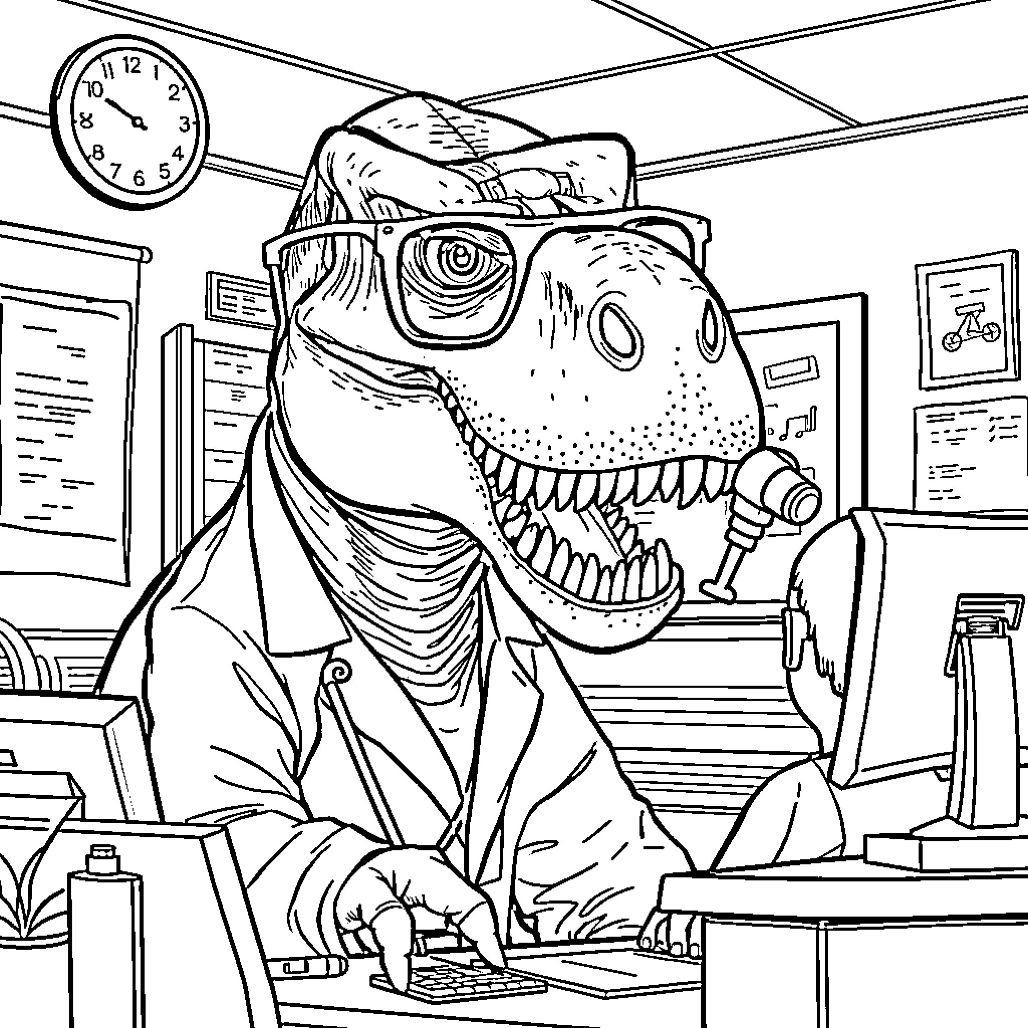 T-Rex Office Worker Typing Furiously Coloring Page (free black-and-white line drawing printable PDF for all, from beginners to advanced learners, including children, teens, adults, and seniors)