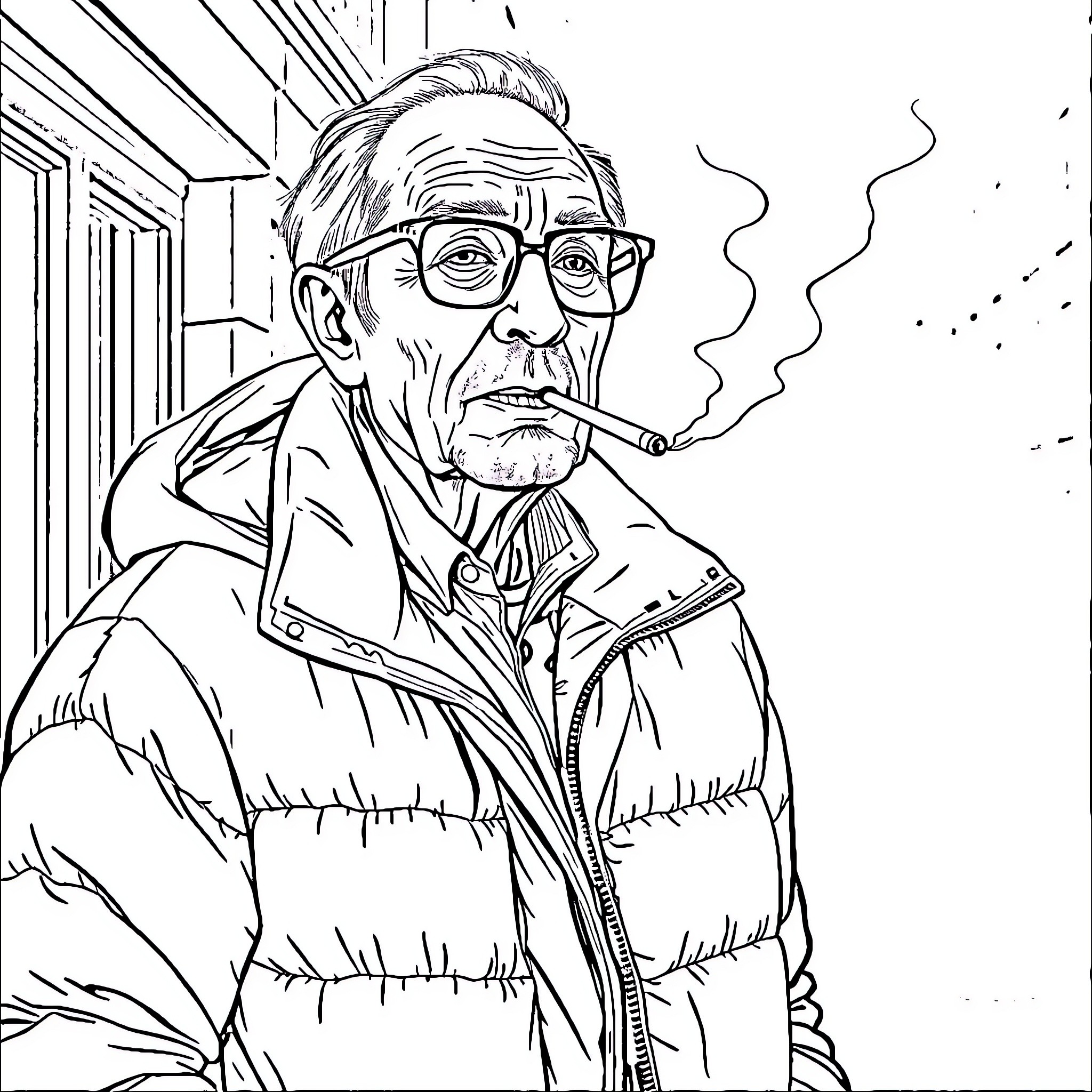 Man in Warm Jacket Smoking Pipe Outdoors Coloring Page (free black-and-white line drawing printable PDF for all, from beginners to advanced learners, including children, teens, adults, and seniors)