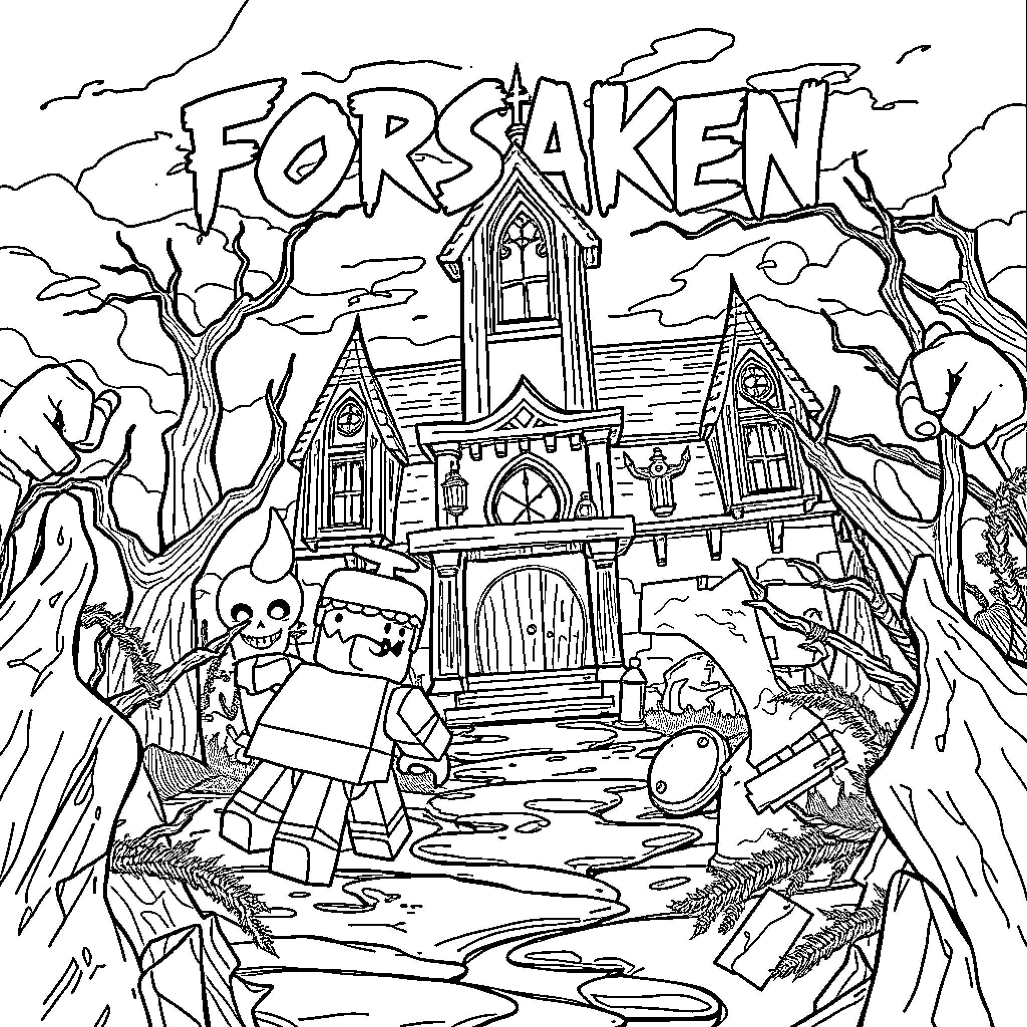 Roblox Haunted House Adventure Coloring Page (free black-and-white line drawing printable PDF for all, from beginners to advanced learners, including children, teens, adults, and seniors)
