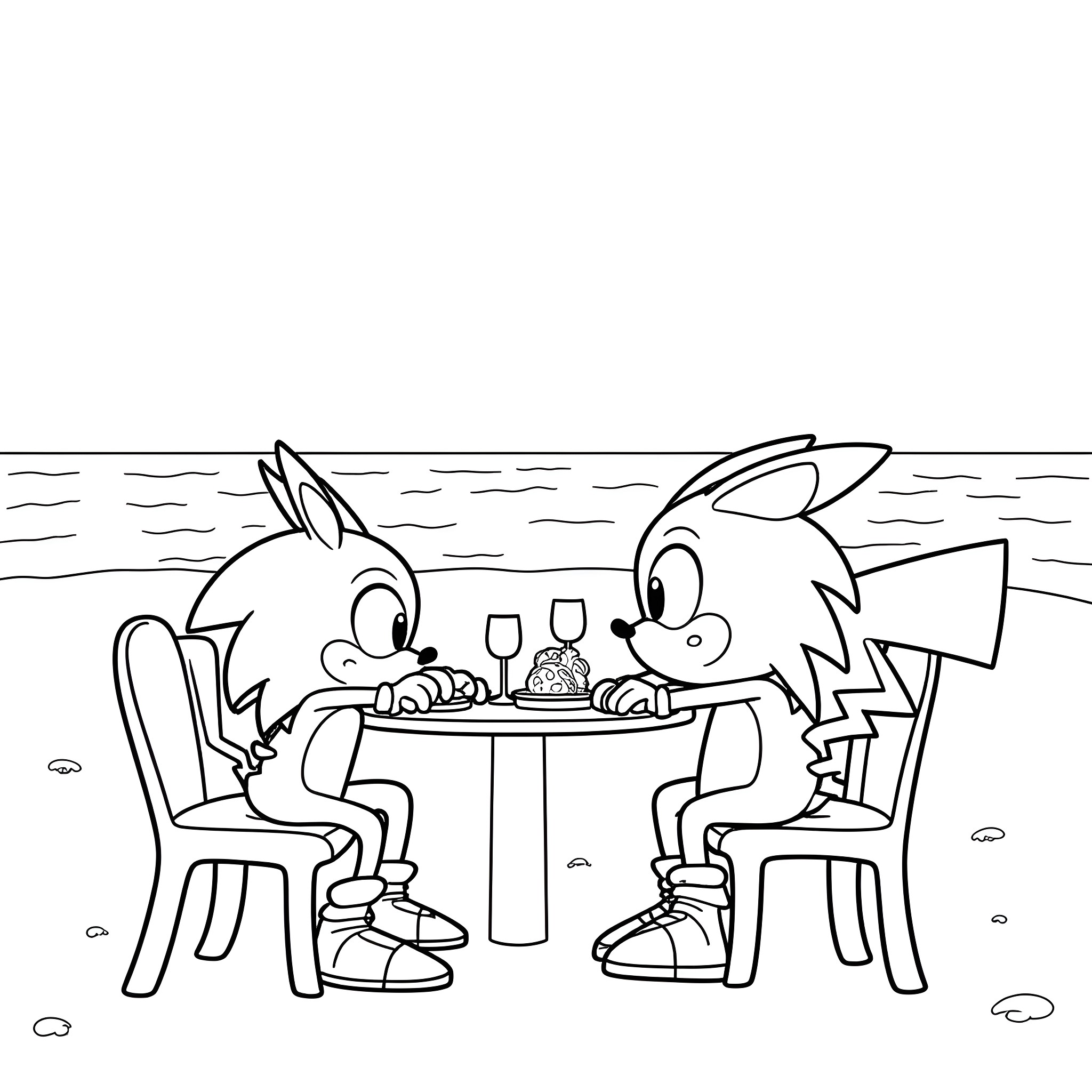Sonic characters enjoying a meal at the beach Coloring Page (free black-and-white line drawing printable PDF for all, from beginners to advanced learners, including children, teens, adults, and seniors)