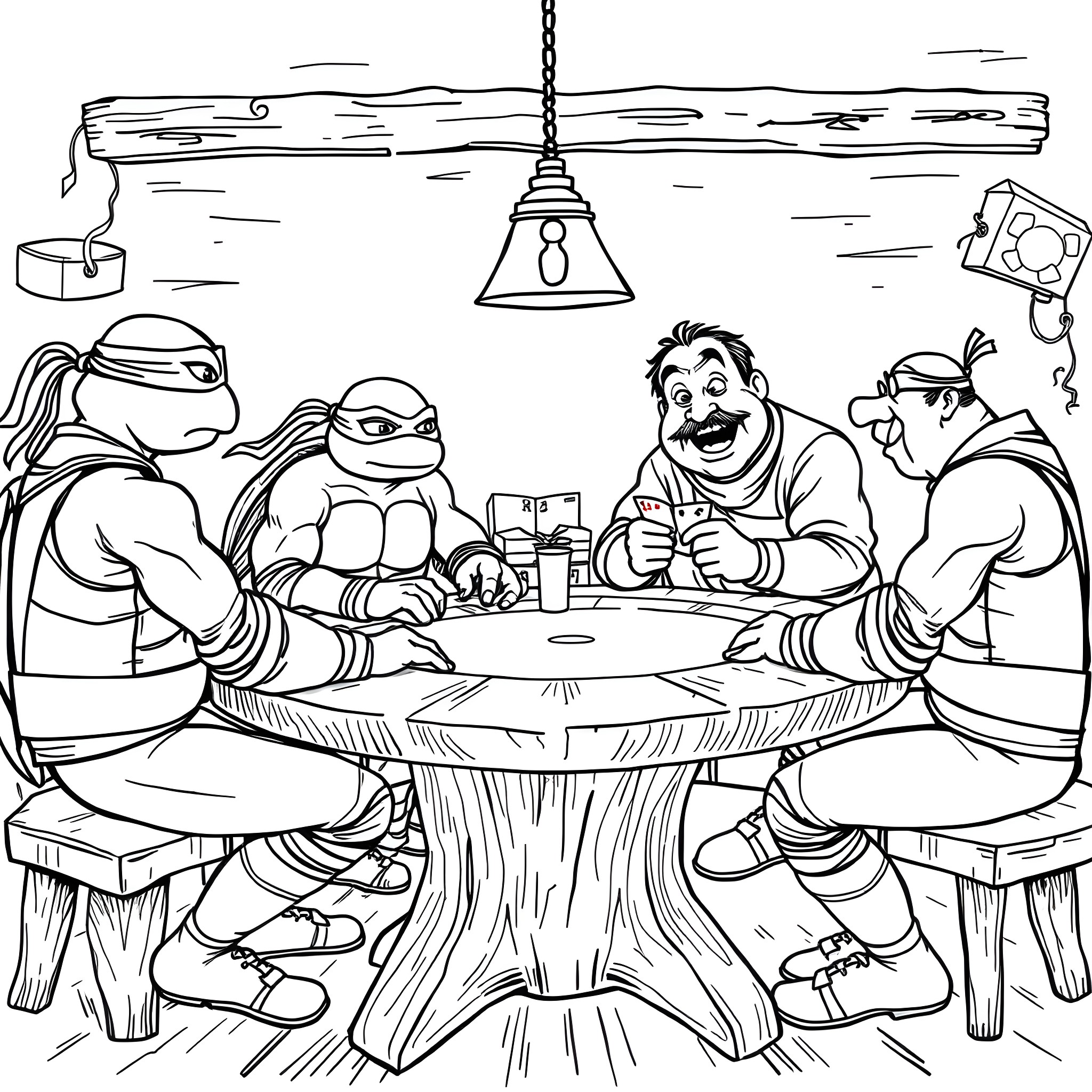 Ninja Turtles Sharing a Lively Meal Together Coloring Page (free black-and-white line drawing printable PDF for all, from beginners to advanced learners, including children, teens, adults, and seniors)