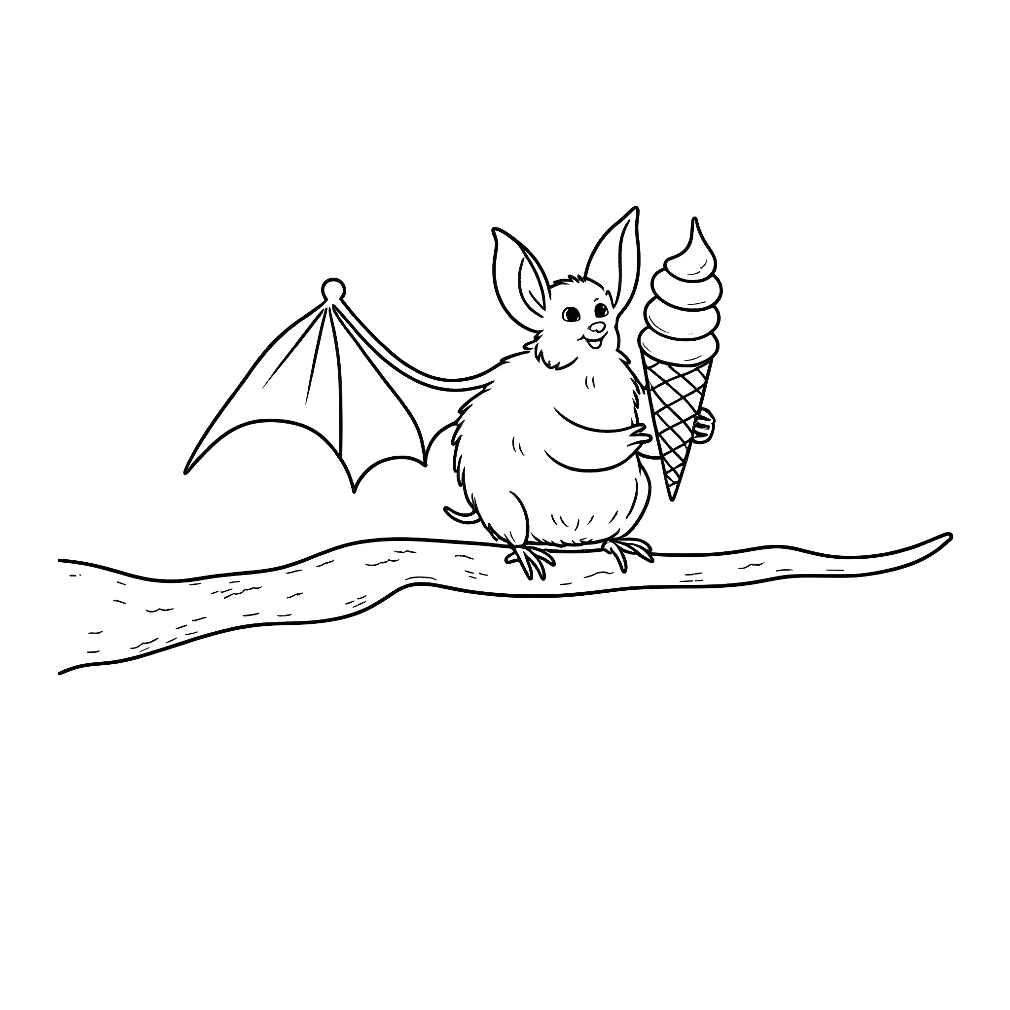 Bat enjoying an ice cream cone on a branch Coloring Page (free black-and-white line drawing printable PDF for all, from beginners to advanced learners, including children, teens, adults, and seniors)