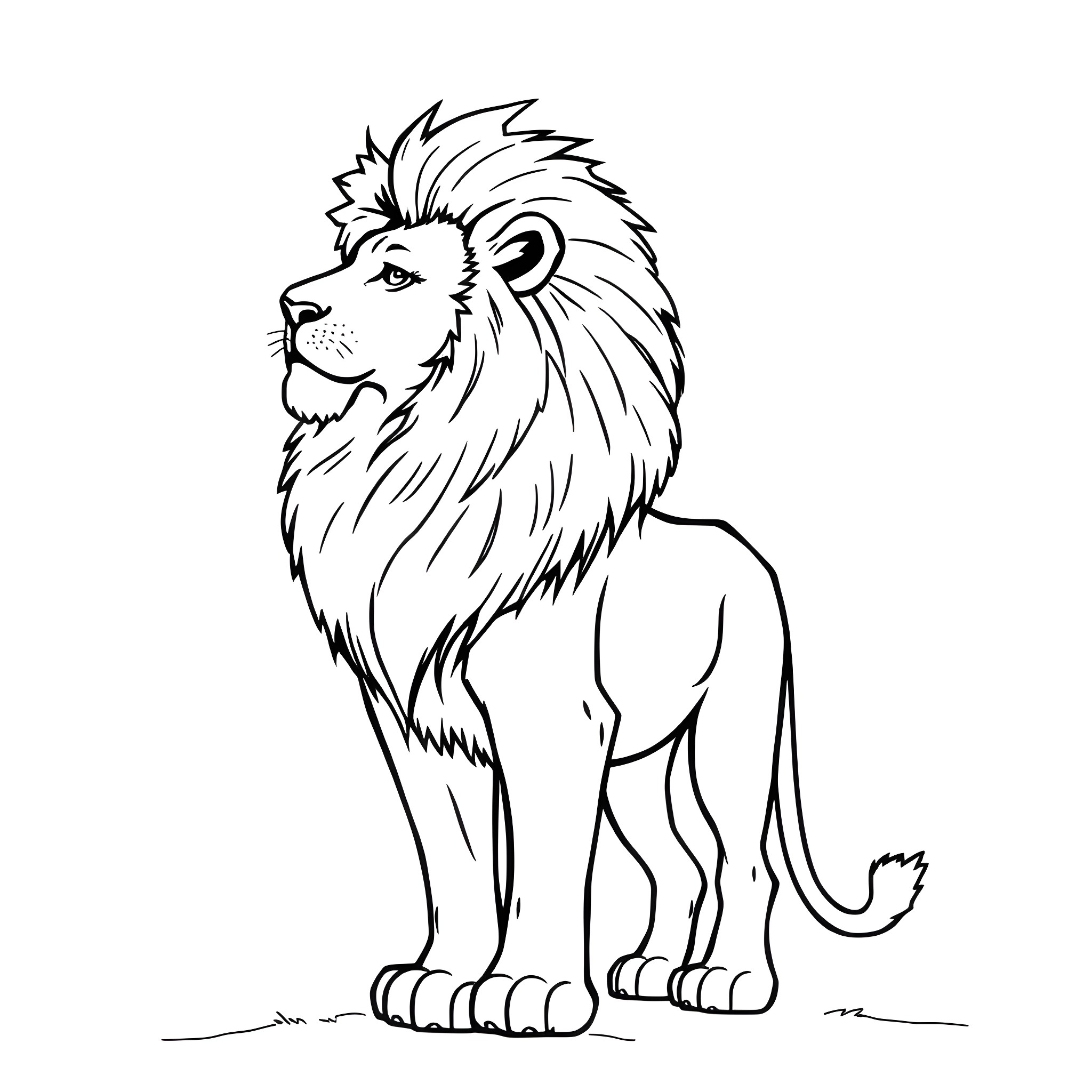 Lion standing in a simple scene Coloring Page (free black-and-white line drawing printable PDF for all, from beginners to advanced learners, including children, teens, adults, and seniors)