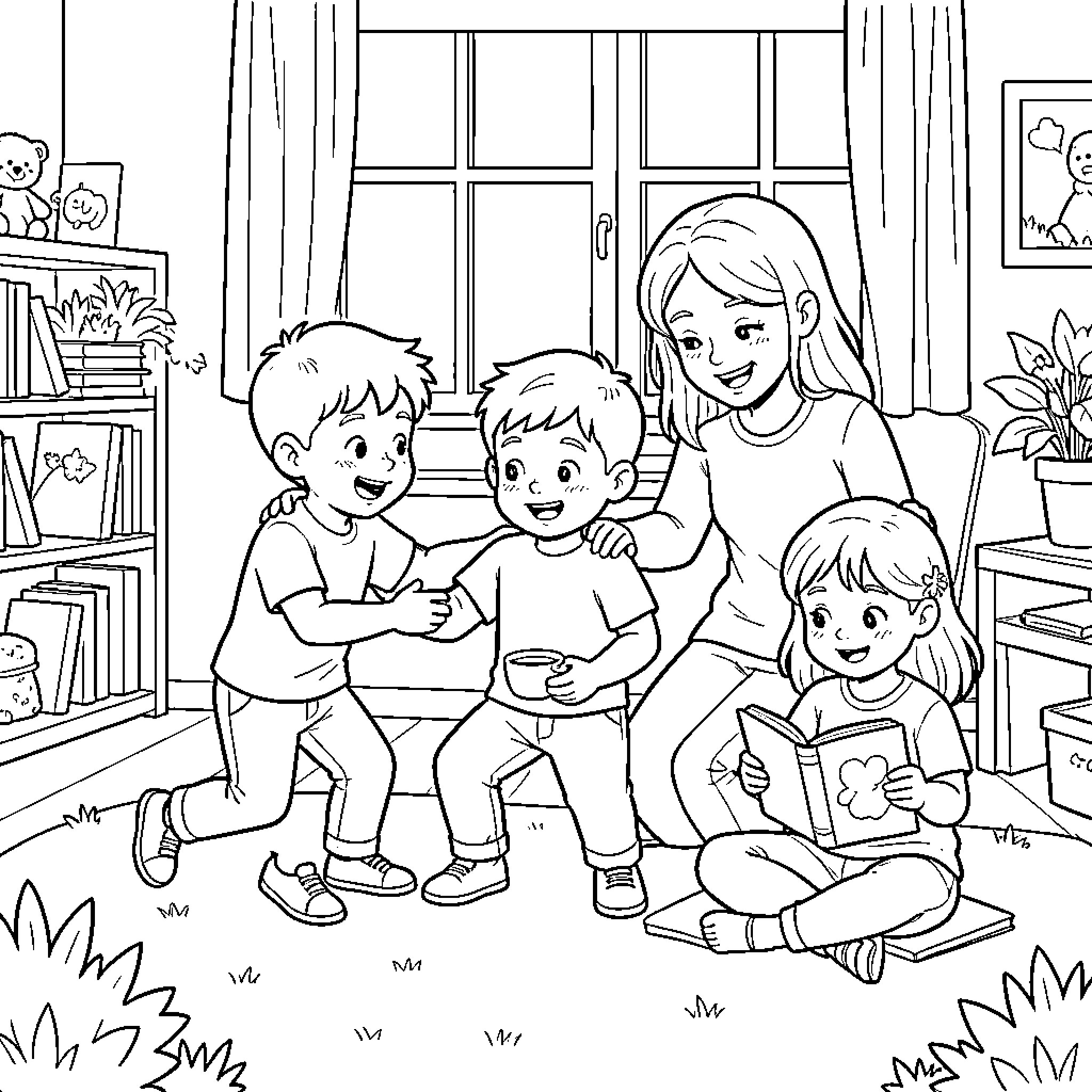 Family spending quality time together in a living room Coloring Page (free black-and-white line drawing printable PDF for all, from beginners to advanced learners, including children, teens, adults, and seniors)