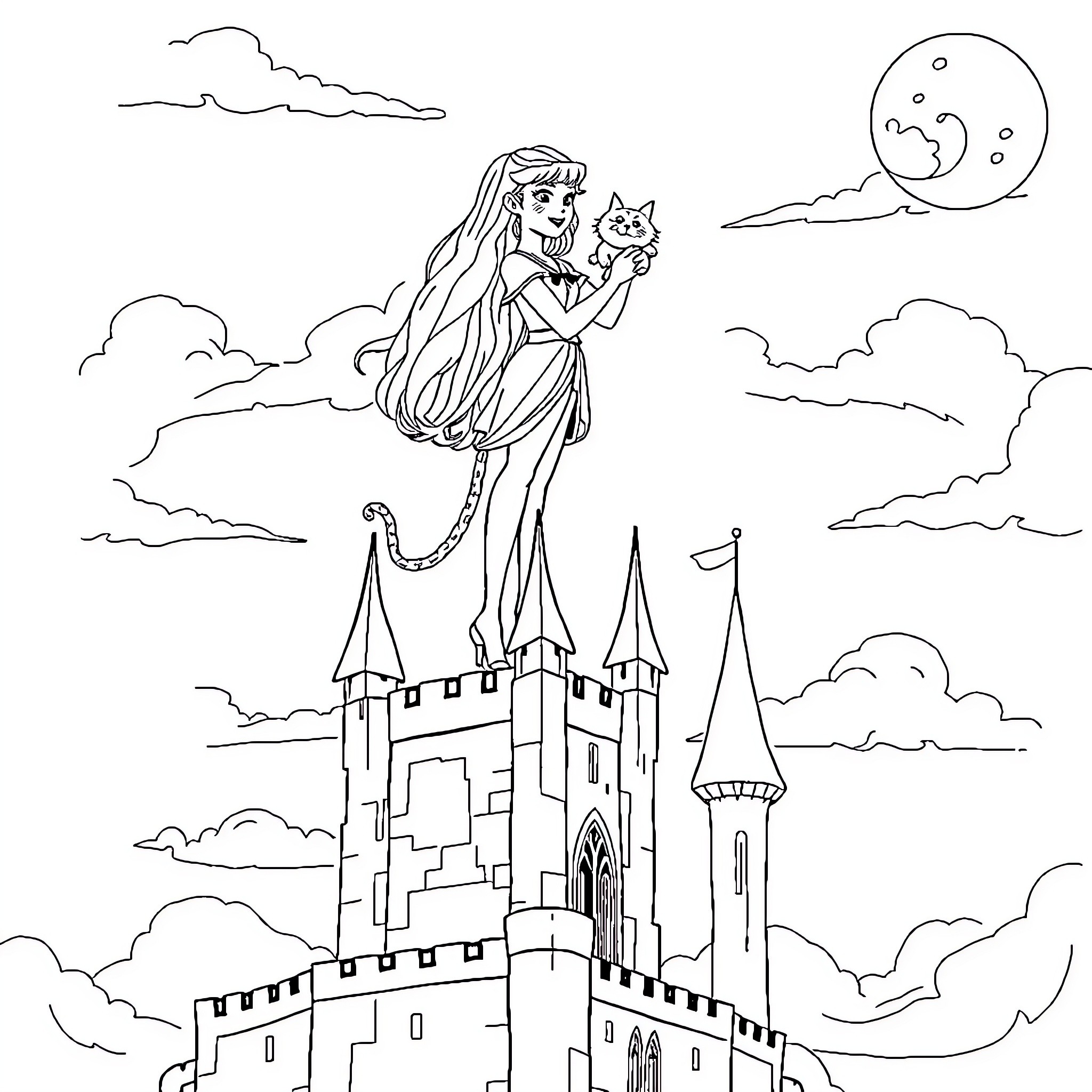 Simone Biles soaring over a magical castle Coloring Page (free black-and-white line drawing printable PDF for all, from beginners to advanced learners, including children, teens, adults, and seniors)