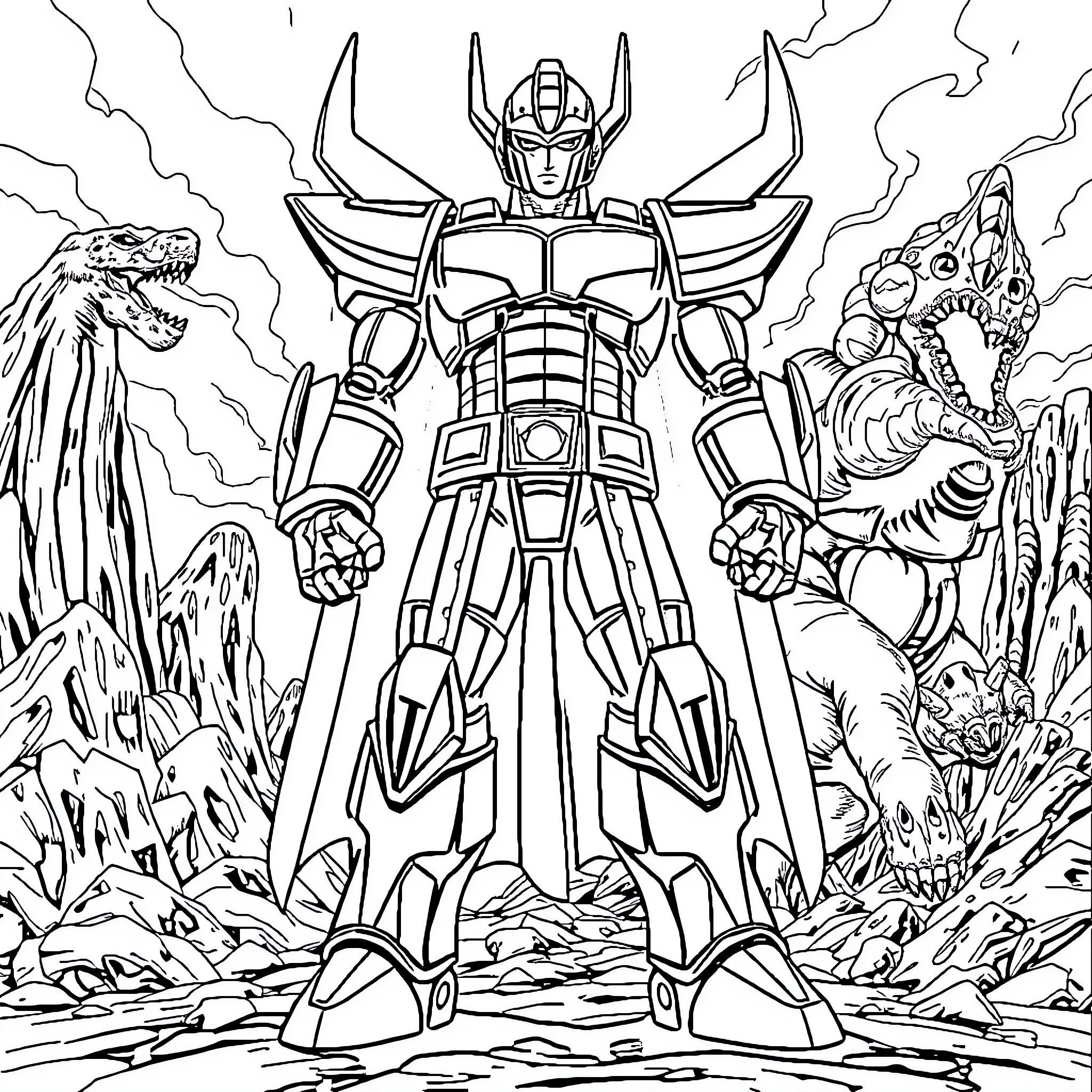 Ultraman battles monstrous foes in a rugged environment Coloring Page (free black-and-white line drawing printable PDF for all, from beginners to advanced learners, including children, teens, adults, and seniors)
