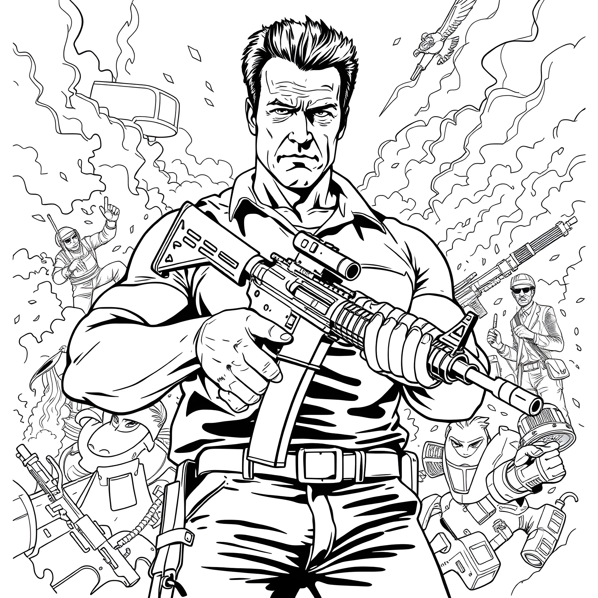 M16: Soldier with Assault Rifle in Intense Combat Scene Coloring Page (free black-and-white line drawing printable PDF for all, from beginners to advanced learners, including children, teens, adults, and seniors)