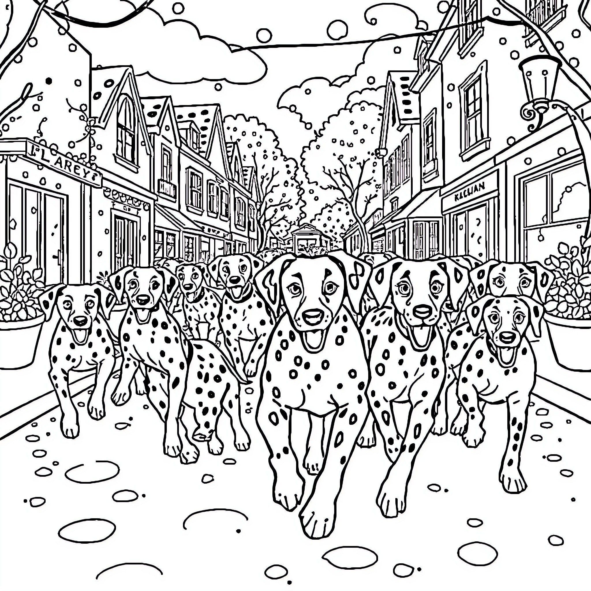 Dalmatian dogs frolicking in a lively town Coloring Page (free black-and-white line drawing printable PDF for all, from beginners to advanced learners, including children, teens, adults, and seniors)