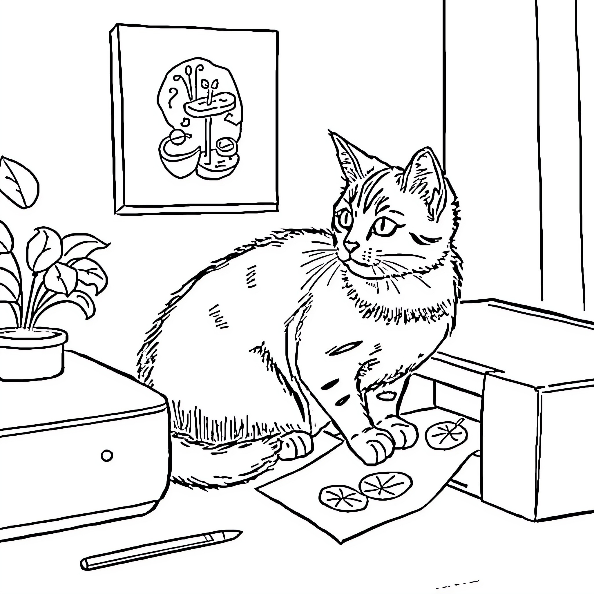 Cat Exploring Office Supplies and Artwork Coloring Page (free black-and-white line drawing printable PDF for all, from beginners to advanced learners, including children, teens, adults, and seniors)