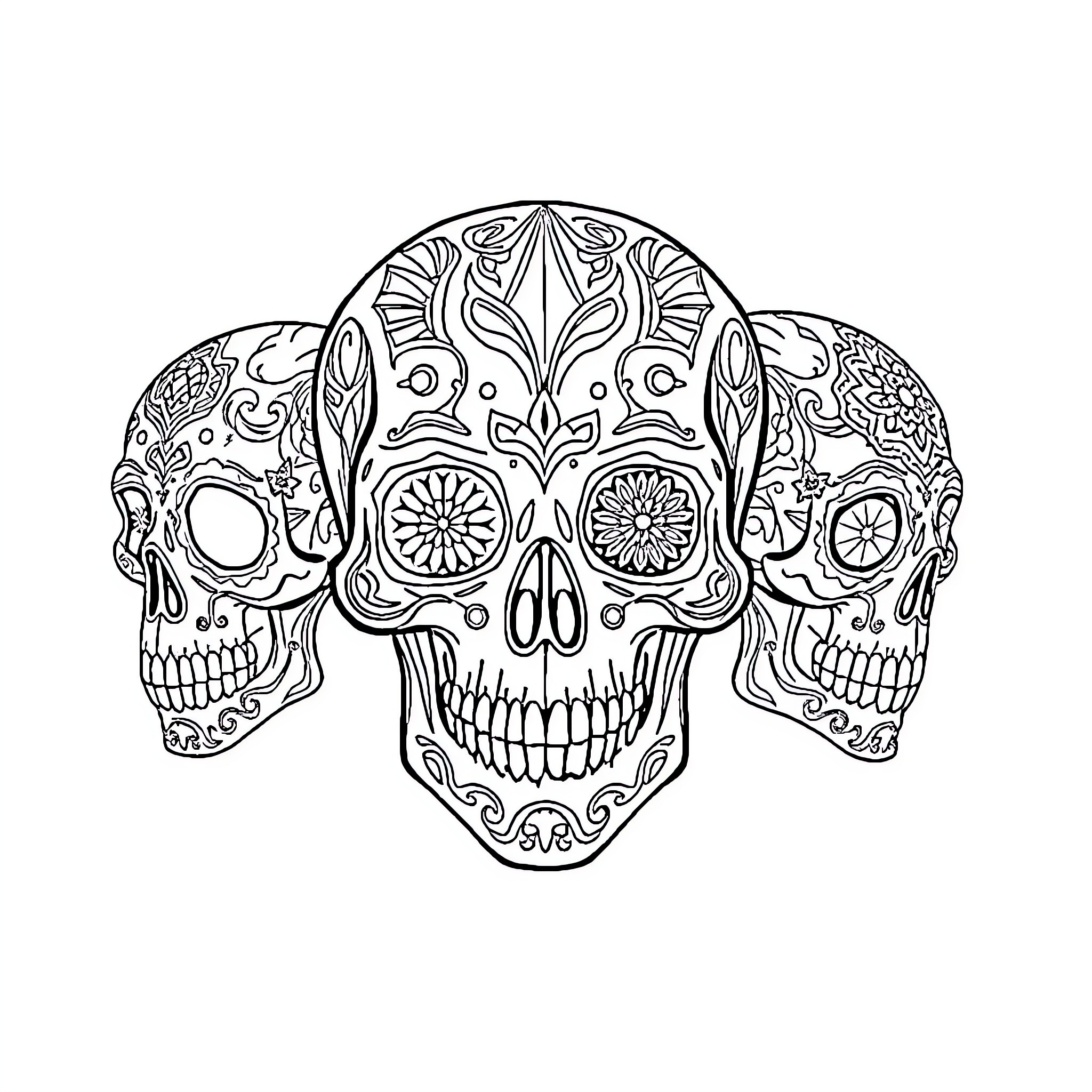 Skull with Ornamental Patterns Coloring Page (free black-and-white line drawing printable PDF for all, from beginners to advanced learners, including children, teens, adults, and seniors)