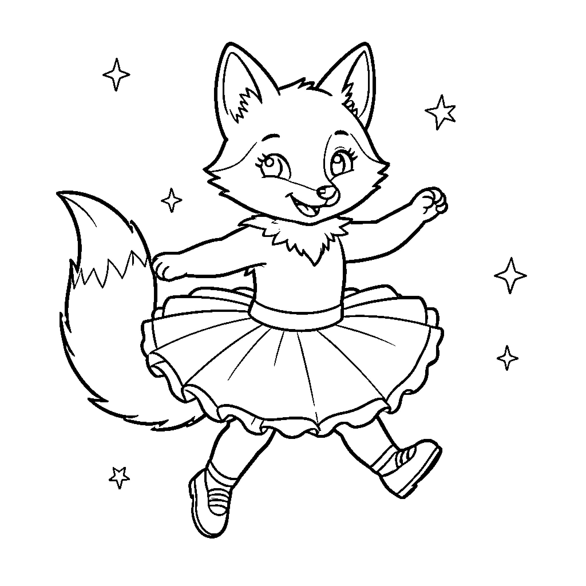 Fox wearing a tutu and dancing joyfully Coloring Page (free black-and-white line drawing printable PDF for all, from beginners to advanced learners, including children, teens, adults, and seniors)