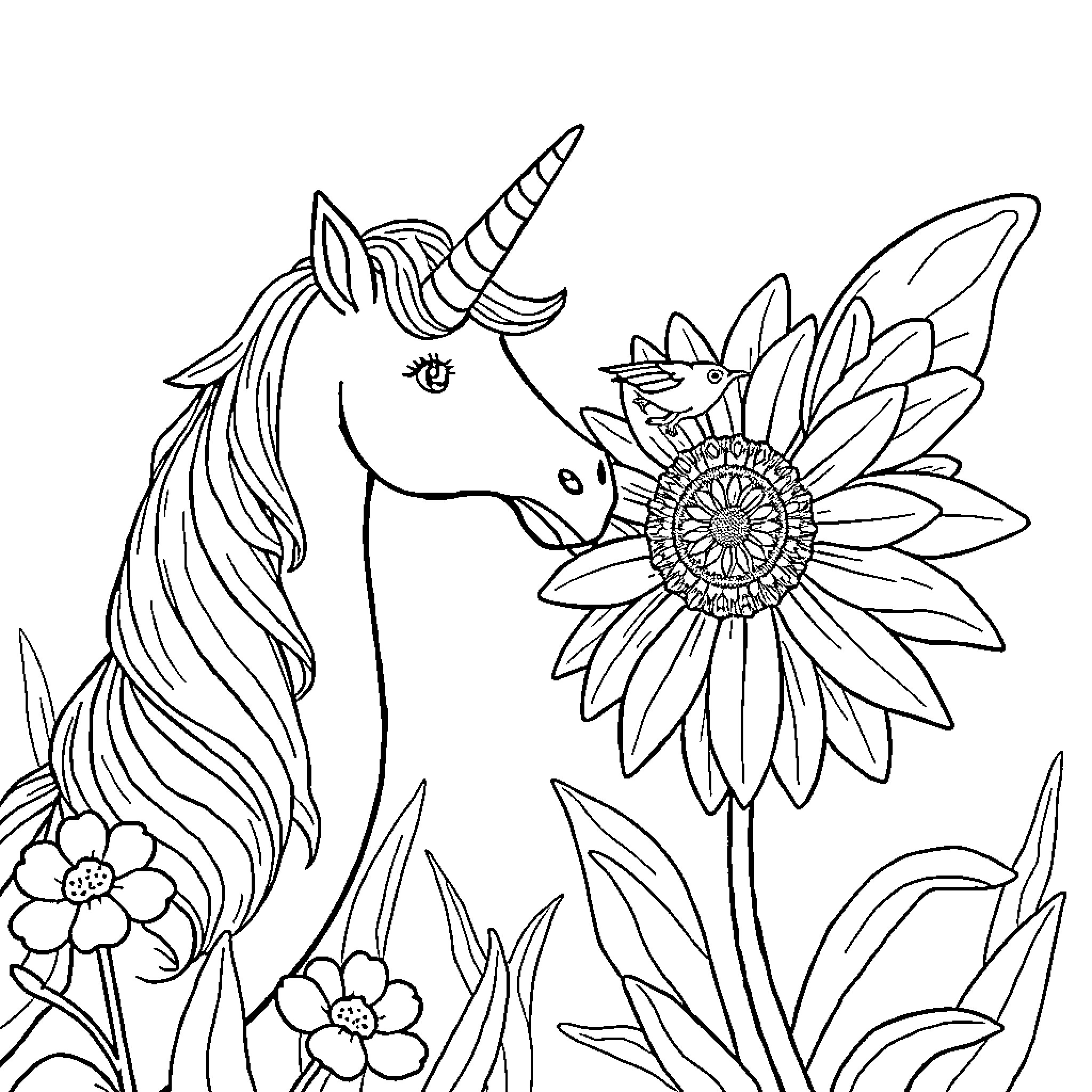 Unicorn with Sunflower Surrounded by Flowers Coloring Page (free black-and-white line drawing printable PDF for all, from beginners to advanced learners, including children, teens, adults, and seniors)