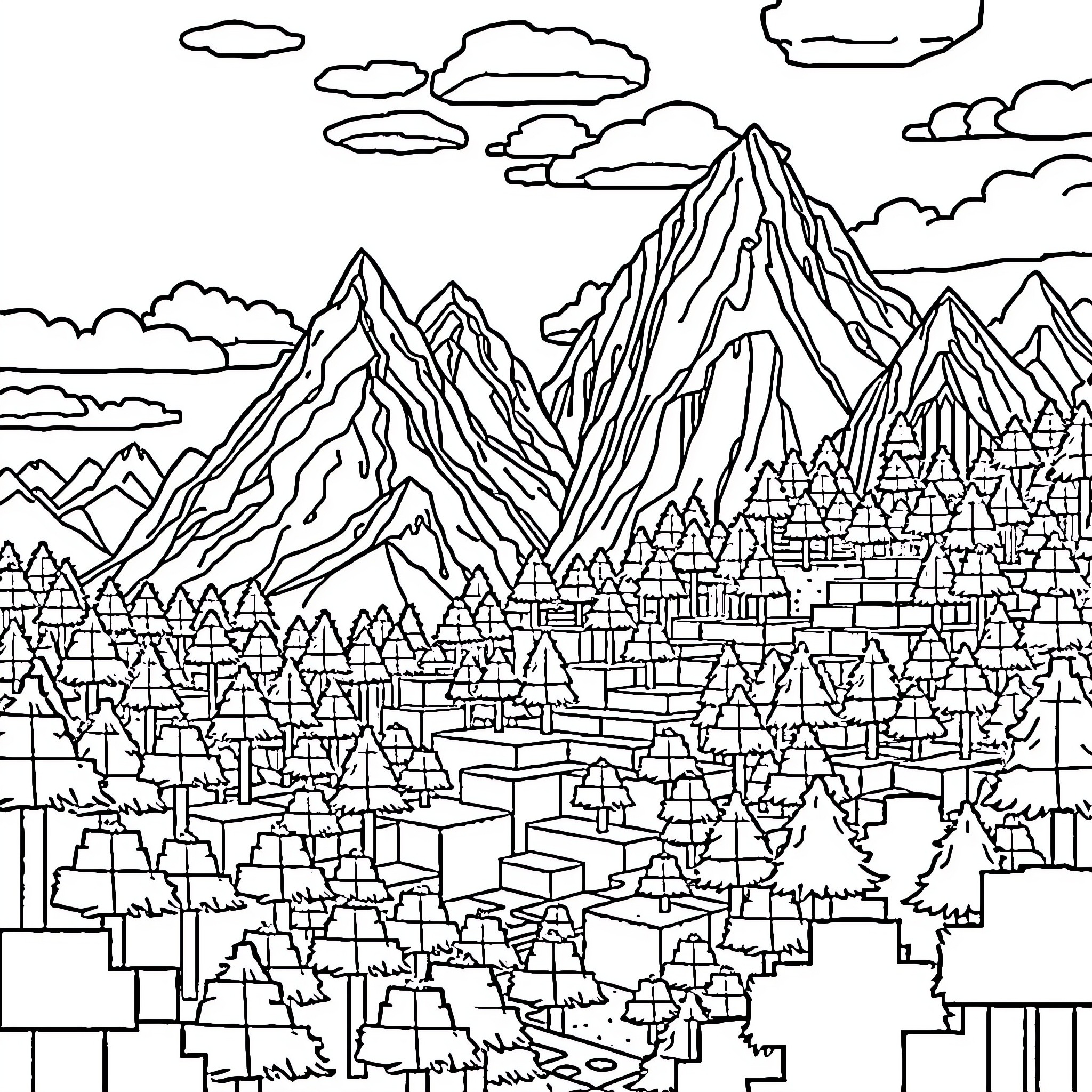Minecraft Mountainous Landscape with Distant City Coloring Page (free black-and-white line drawing printable PDF for all, from beginners to advanced learners, including children, teens, adults, and seniors)