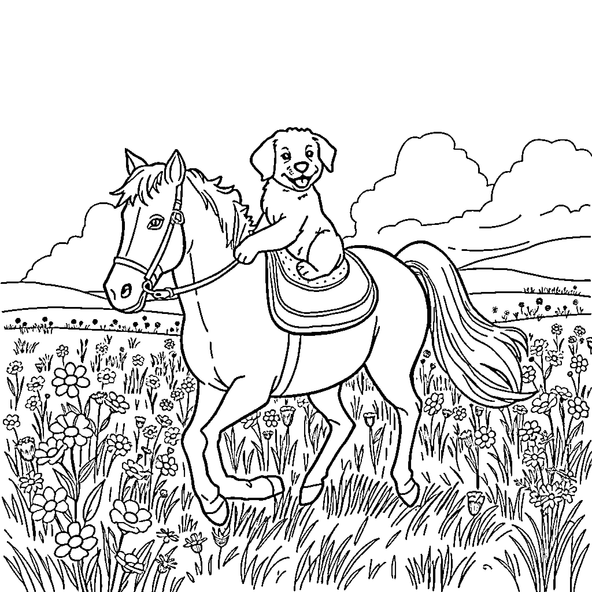 Puppy riding a horse through a floral meadow Coloring Page (free black-and-white line drawing printable PDF for all, from beginners to advanced learners, including children, teens, adults, and seniors)