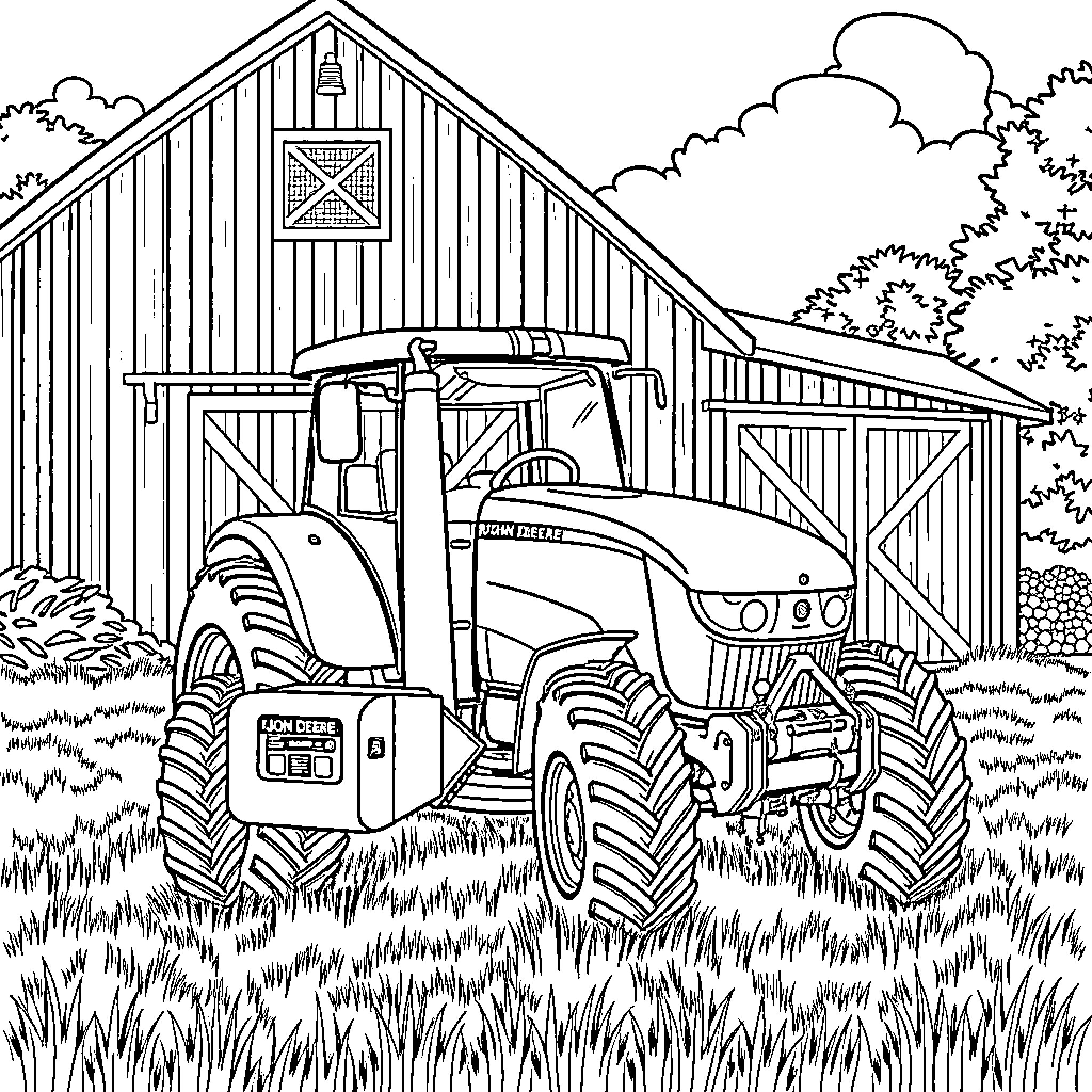 Tractor working in the countryside near a barn Coloring Page (free black-and-white line drawing printable PDF for all, from beginners to advanced learners, including children, teens, adults, and seniors)