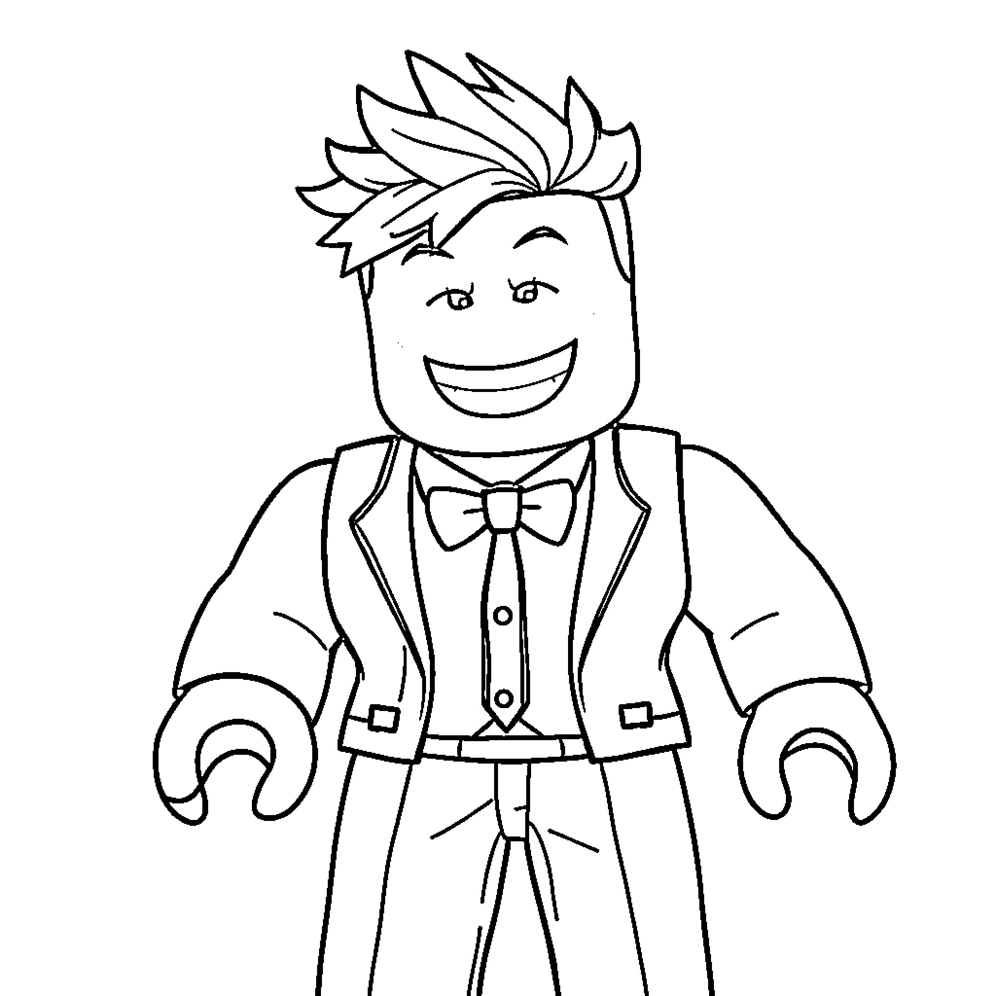 Roblox Character in Formal Attire with Cheerful Expression Coloring Page (free black-and-white line drawing printable PDF for all, from beginners to advanced learners, including children, teens, adults, and seniors)